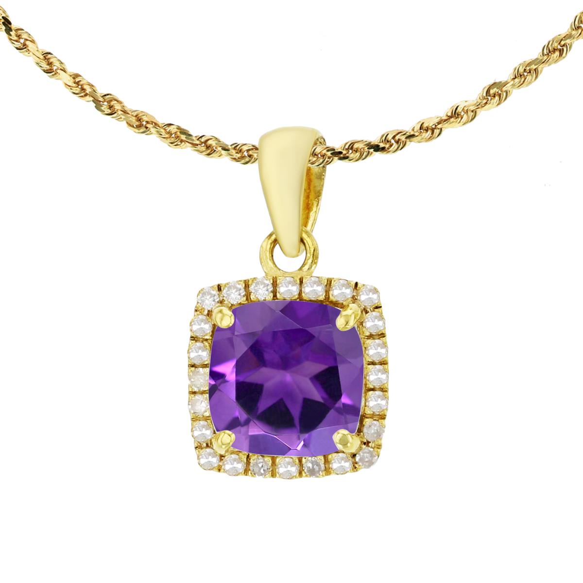 10K Yellow Gold 7mm Cushion Amethyst & 0.12 CTTW Diamond Halo 18" Rope Chain Necklace