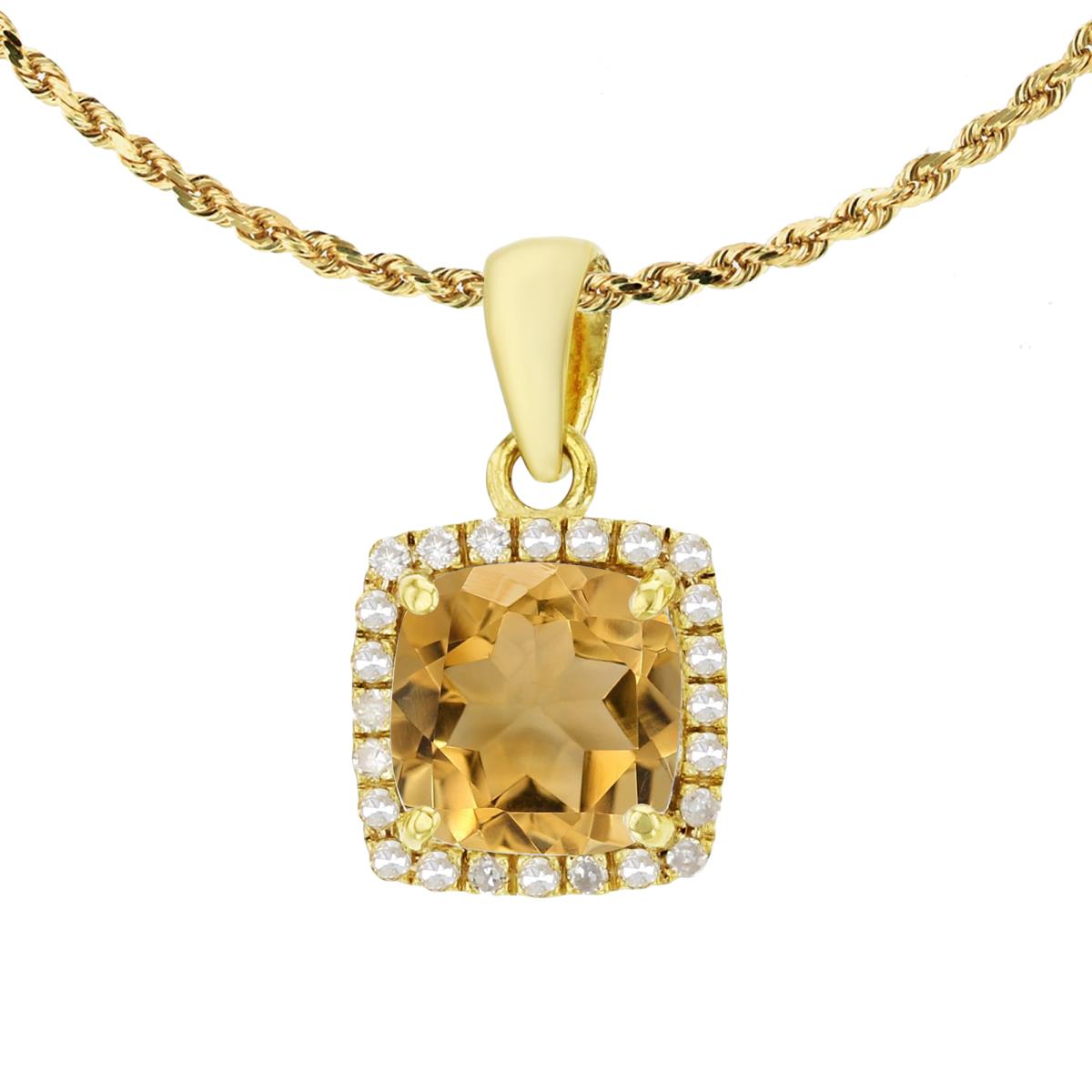 10K Yellow Gold 7mm Cushion Citrine & 0.12 CTTW Diamond Halo 18" Rope Chain Necklace