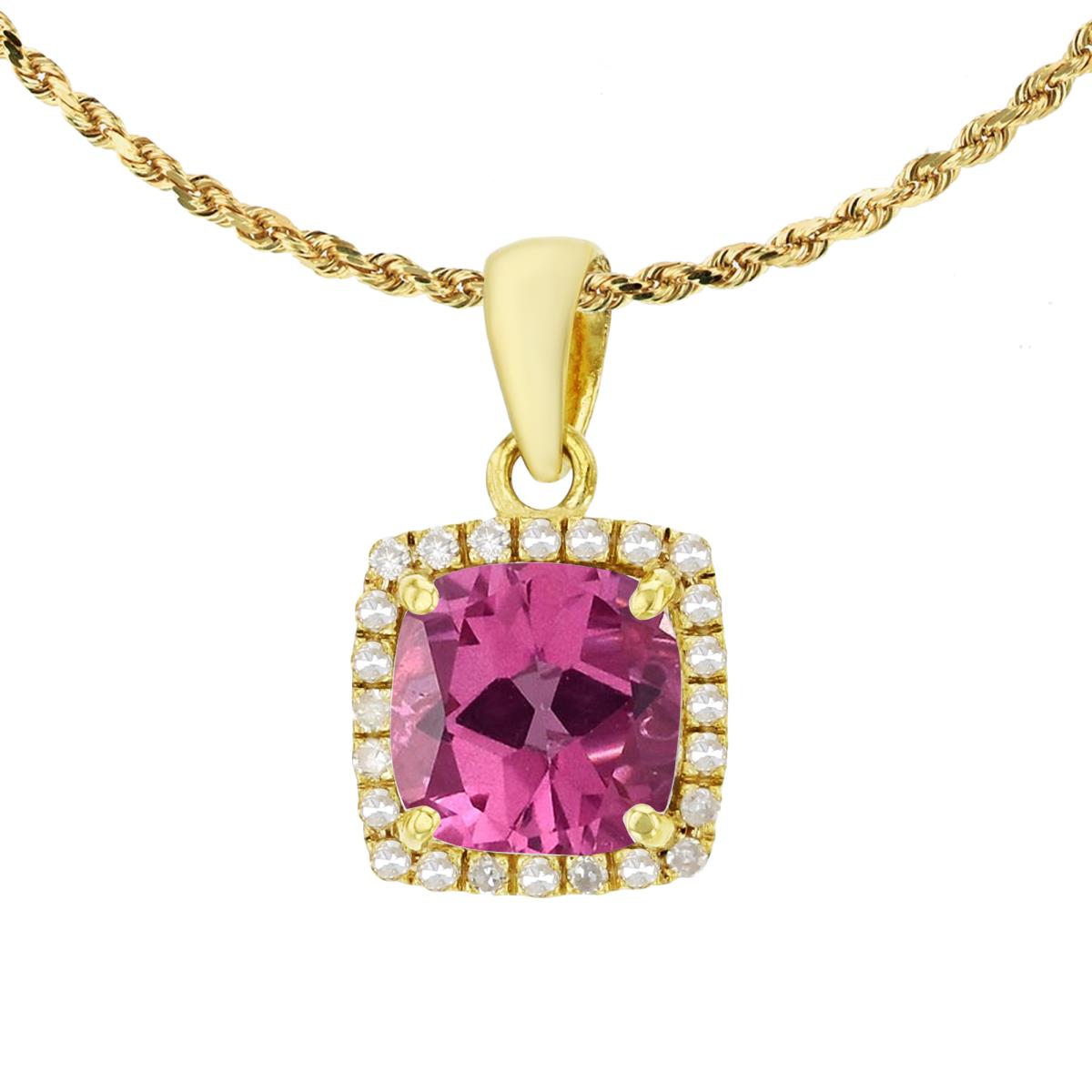 10K Yellow Gold 7mm Cushion Pure Pink & 0.12 CTTW Diamond Halo 18" Rope Chain Necklace