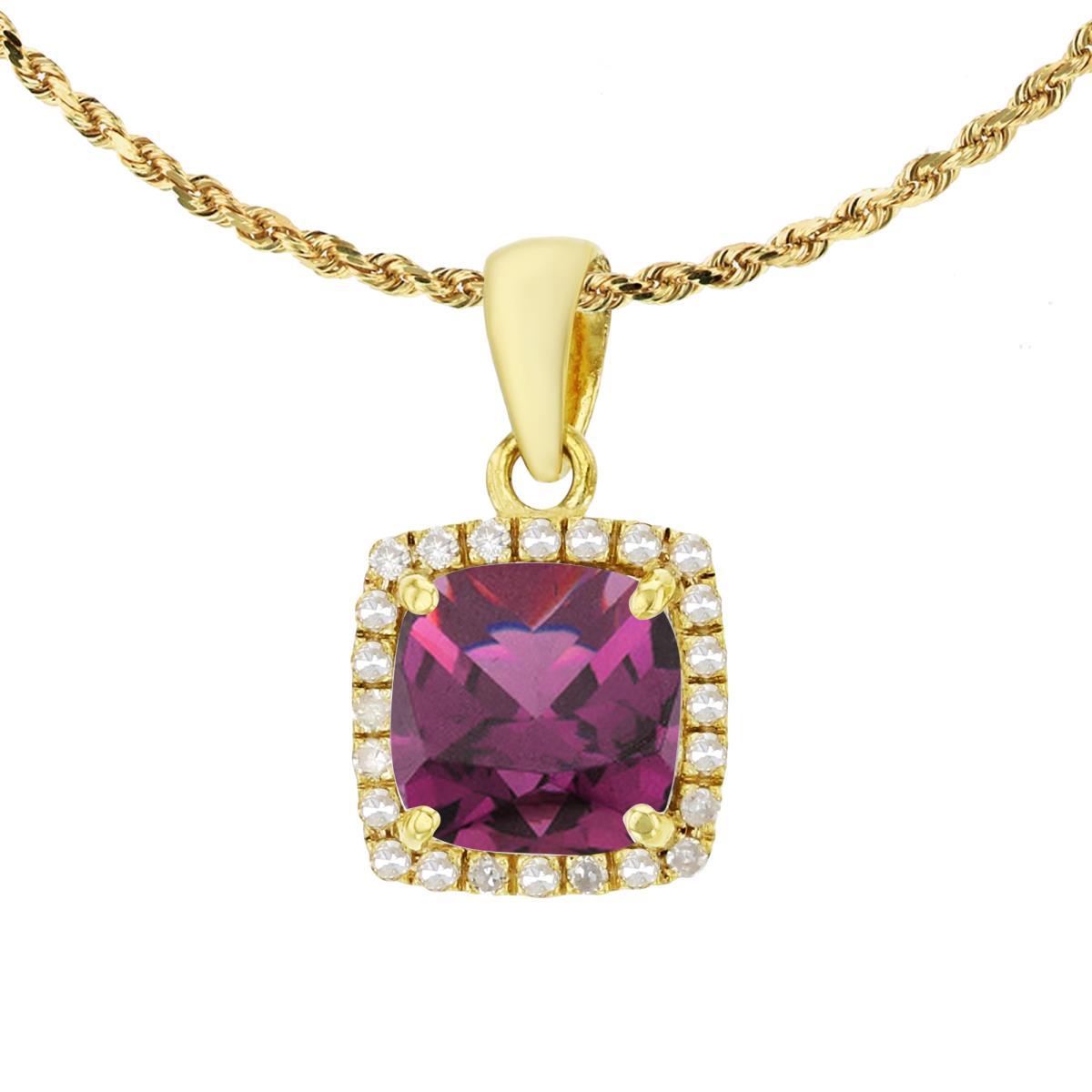 10K Yellow Gold 7mm Cushion Rhodolite & 0.12 CTTW Diamond Halo 18" Rope Chain Necklace