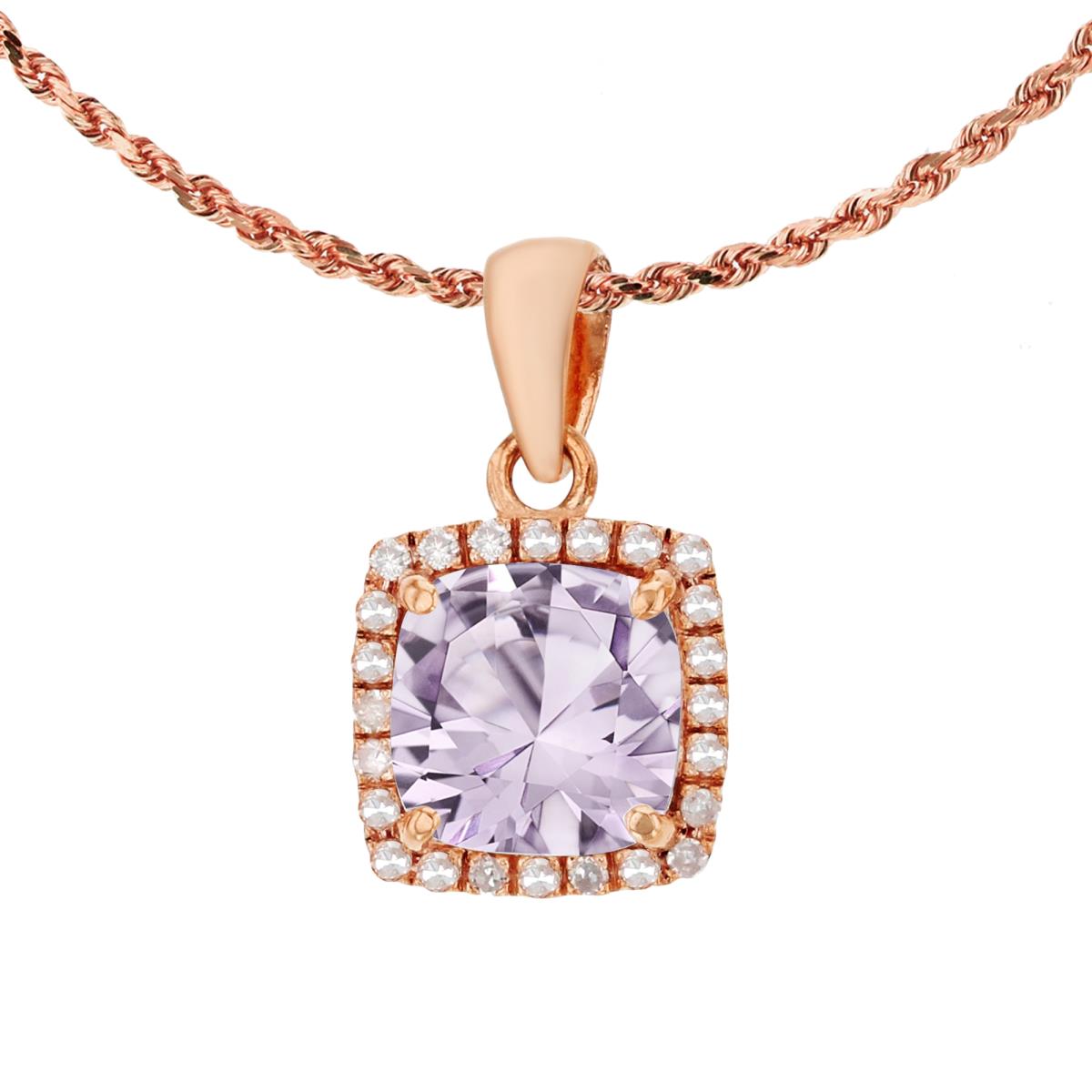 10K Rose Gold 7mm Cushion Rose De France & 0.12 CTTW Diamond Halo 18" Rope Chain Necklace