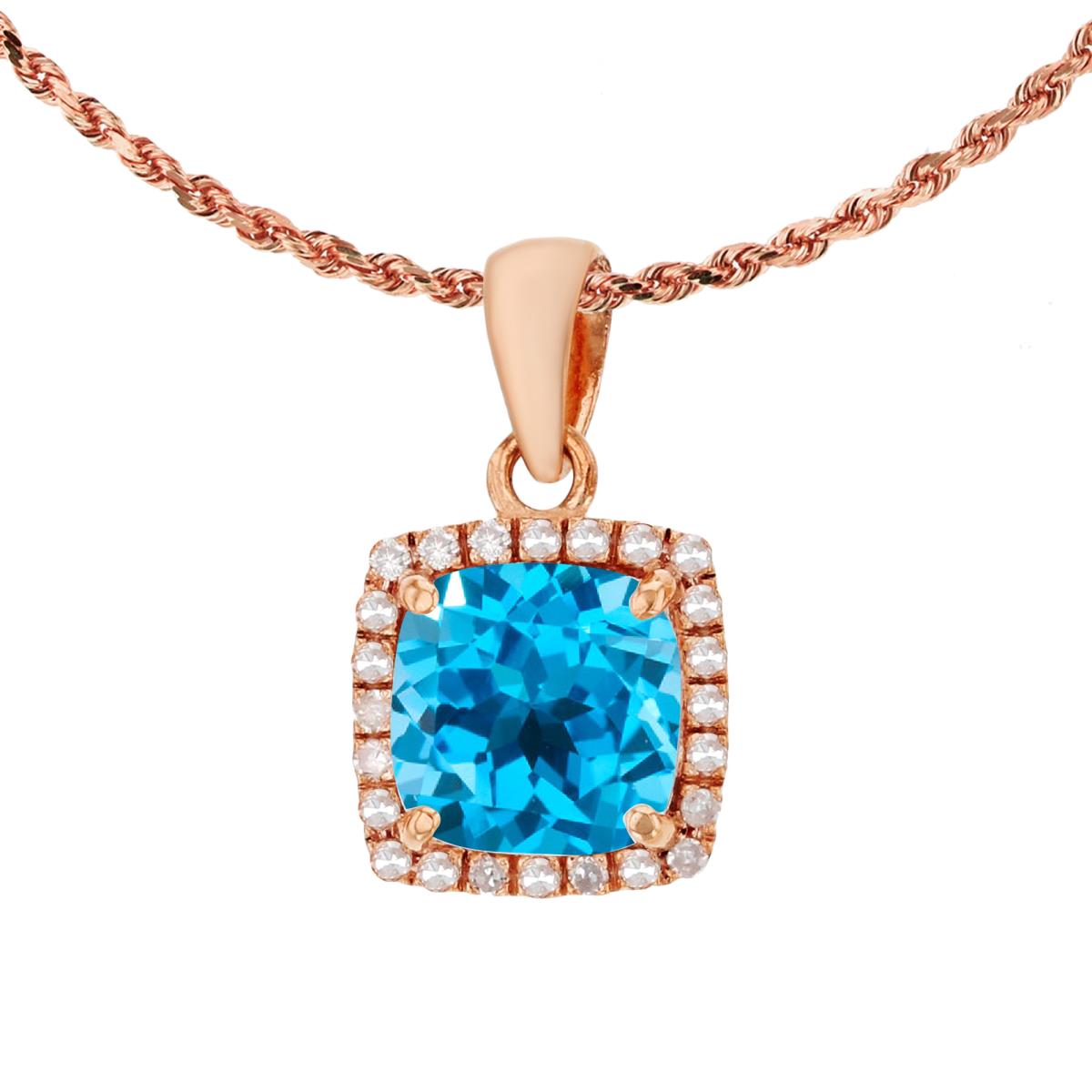 10K Rose Gold 7mm Cushion Swiss Blue Topaz & 0.12 CTTW Diamond Halo 18" Rope Chain Necklace