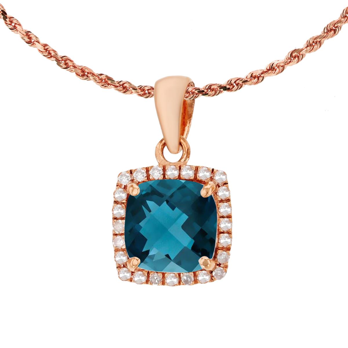 10K Rose Gold 7mm Cushion London Blue Topaz & 0.12 CTTW Diamond Halo 18" Rope Chain Necklace
