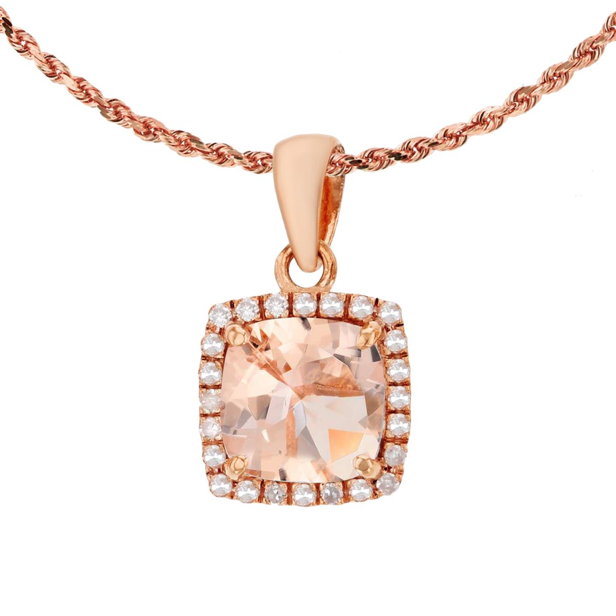 10K Rose Gold 7mm Cushion Morganite & 0.12 CTTW Diamond Halo 18" Rope Chain Necklace