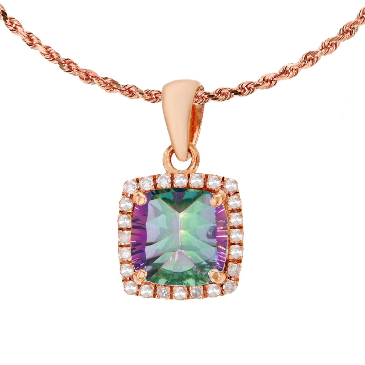 10K Rose Gold 7mm Cushion Mystic Green Topaz & 0.12 CTTW Diamond Halo 18" Rope Chain Necklace