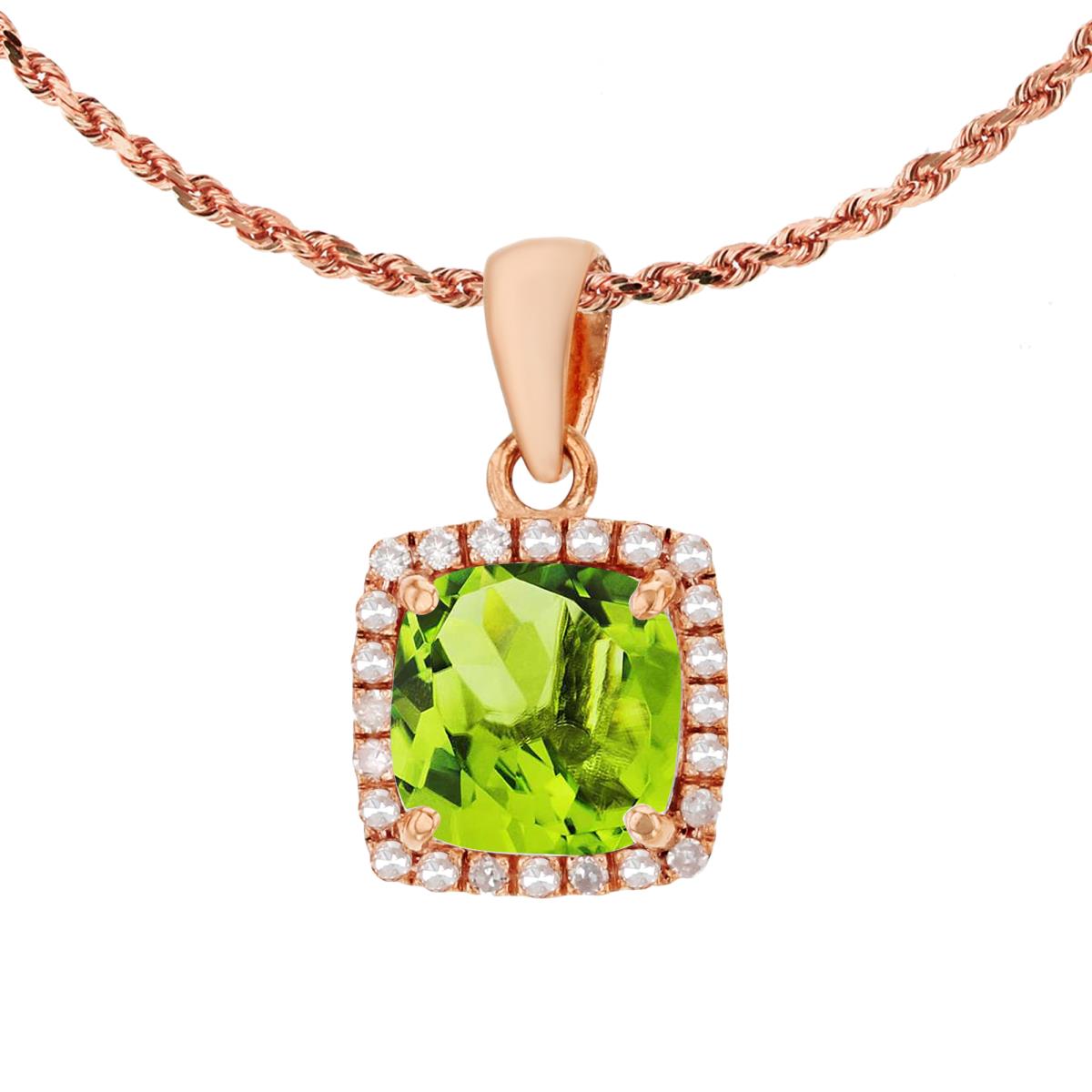 10K Rose Gold 7mm Cushion Peridot & 0.12 CTTW Diamond Halo 18" Rope Chain Necklace