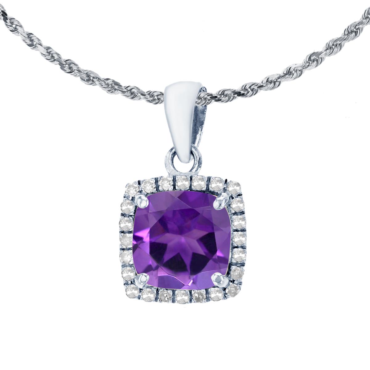 10K White Gold 7mm Cushion Amethyst & 0.12 CTTW Diamond Halo 18" Rope Chain Necklace