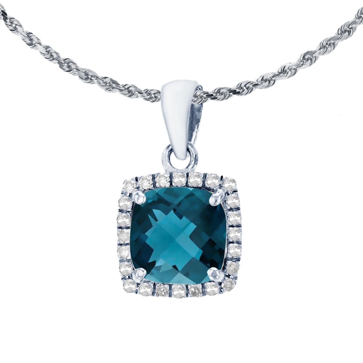 10K White Gold 7mm Cushion London Blue Topaz & 0.12 CTTW Diamond Halo 18" Rope Chain Necklace