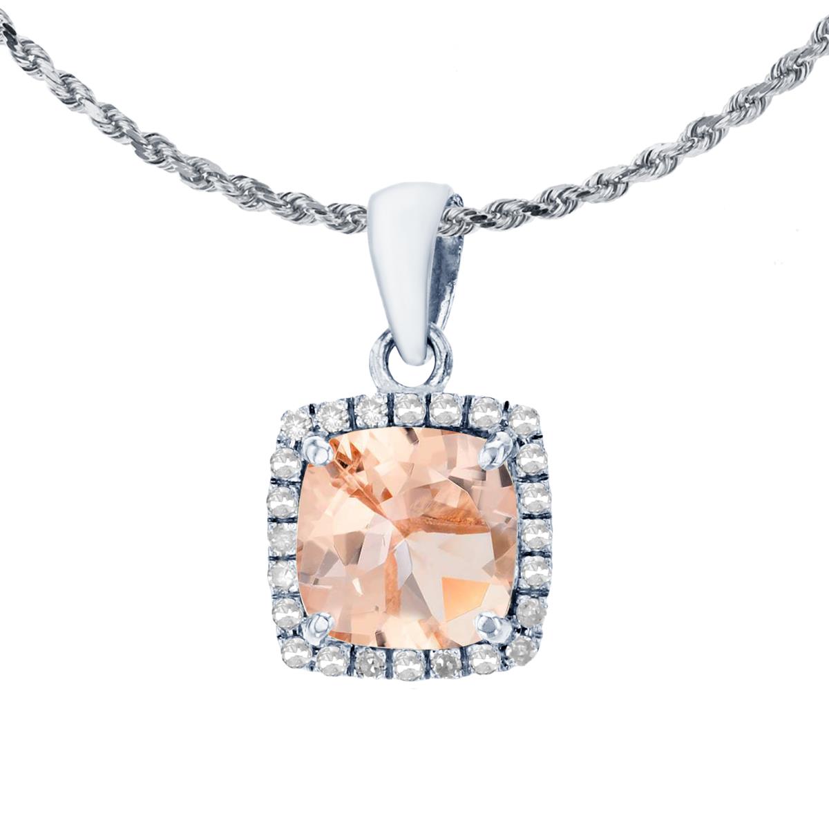 10K White Gold 7mm Cushion Morganite & 0.12 CTTW Diamond Halo 18" Rope Chain Necklace