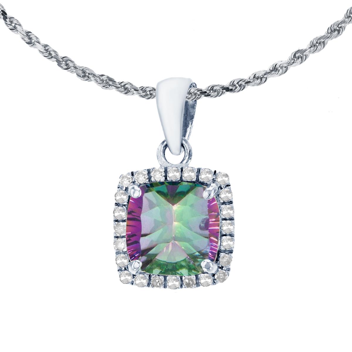 10K White Gold 7mm Cushion Mystic Green Topaz & 0.12 CTTW Diamond Halo 18" Rope Chain Necklace