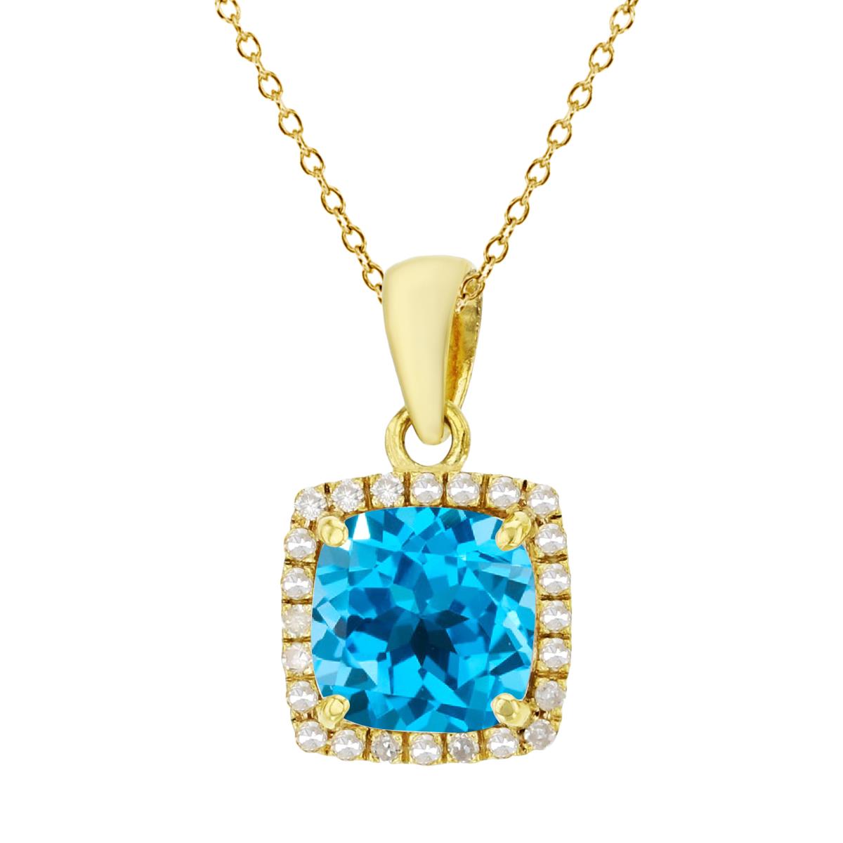Sterling Silver Yellow 7mm Cushion Swiss Blue Topaz & Cr White Sapphire Halo 18" Necklace