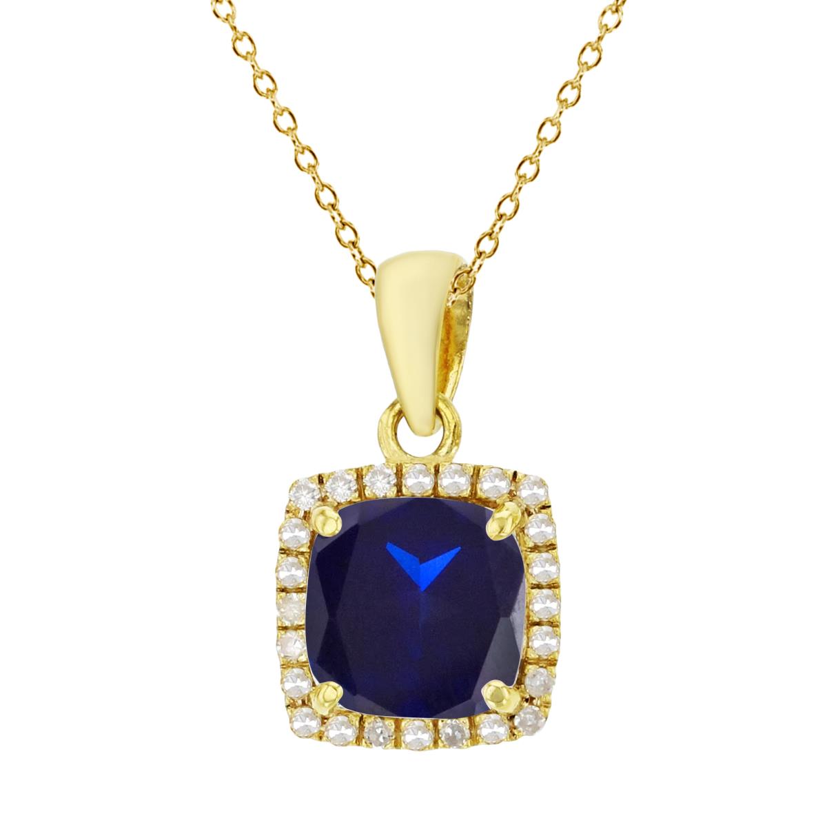 Sterling Silver Yellow 7mm Cushion Cr Blue Sapphire & Cr White Sapphire Halo 18" Necklace
