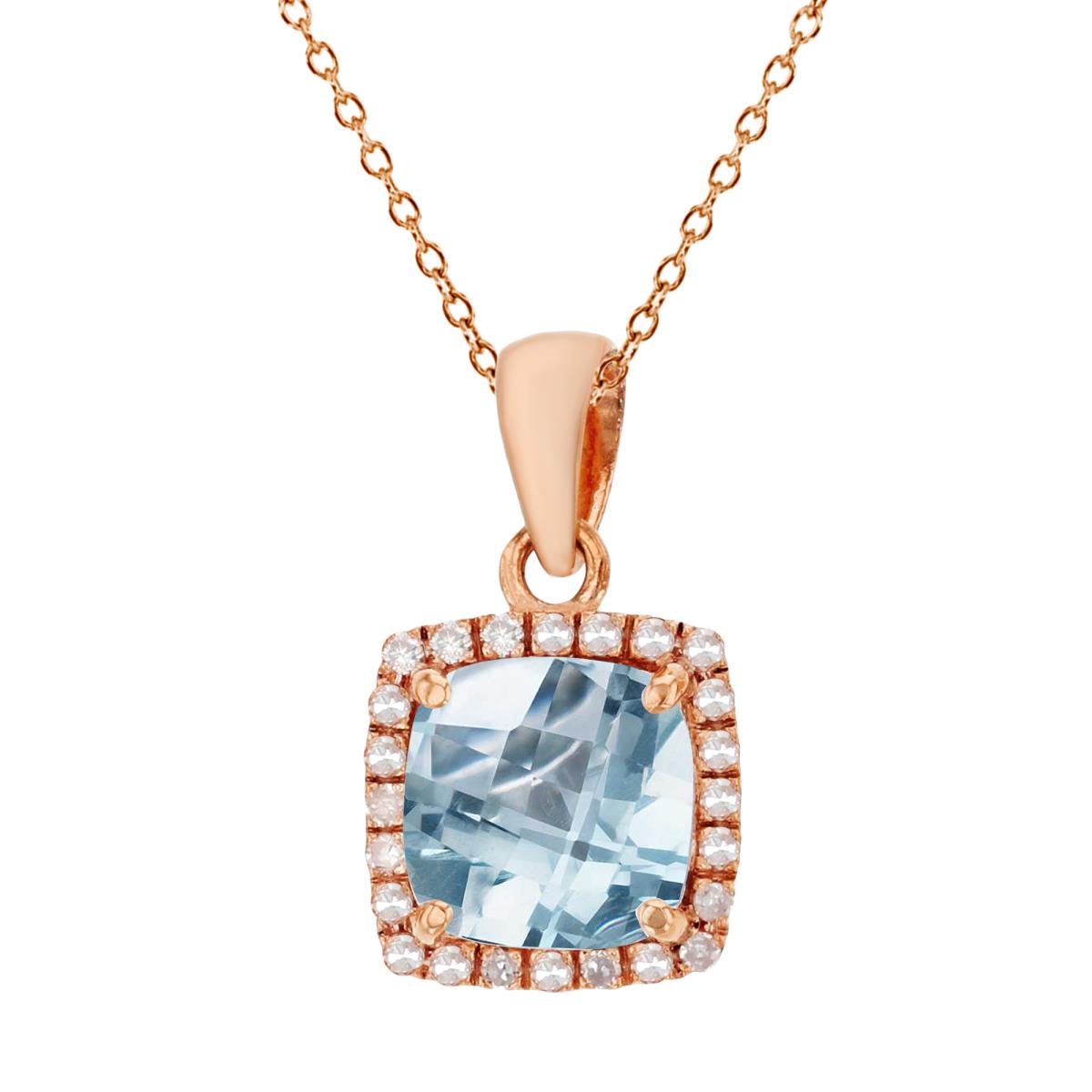 Sterling Silver Rose 7mm Cushion Aquamarine & Cr White Sapphire Halo 18" Necklace