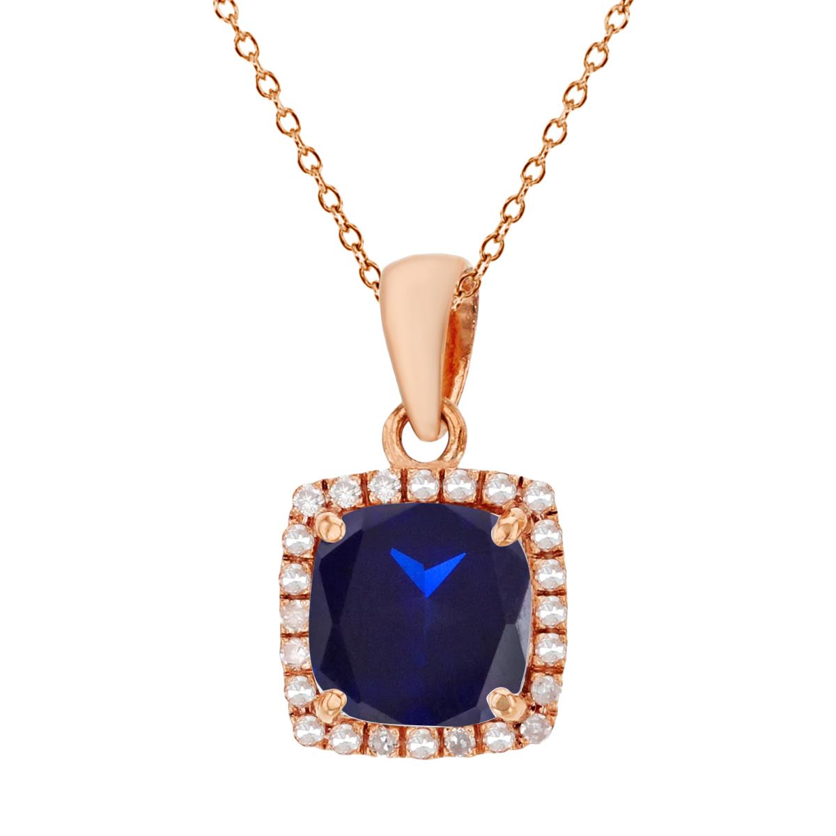 Sterling Silver Rose 7mm Cushion Cr Blue Sapphire & Cr White Sapphire Halo 18" Necklace