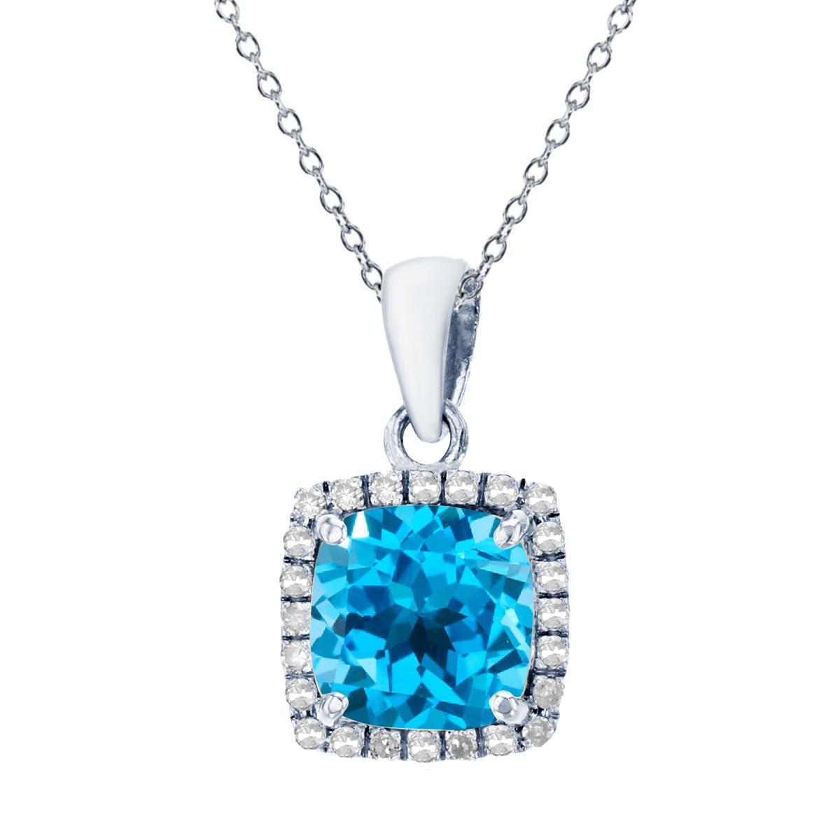 Sterling Silver Rhodium 7mm Cushion Swiss Blue Topaz & Cr White Sapphire Halo 18" Necklace