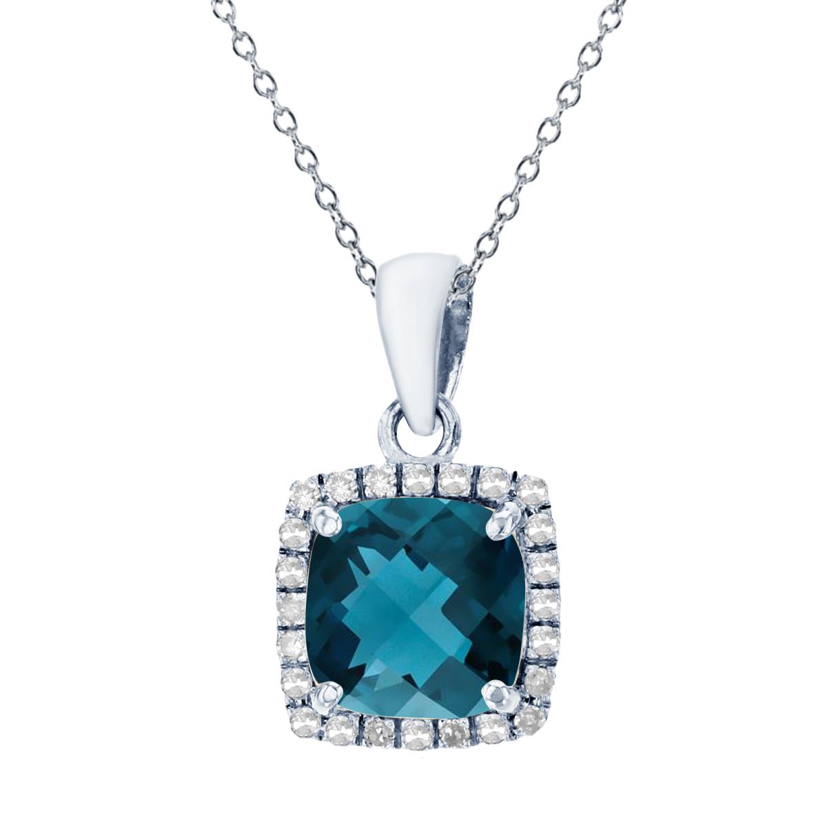 Sterling Silver Rhodium 7mm Cushion London Blue Topaz & Cr White Sapphire Halo 18" Necklace