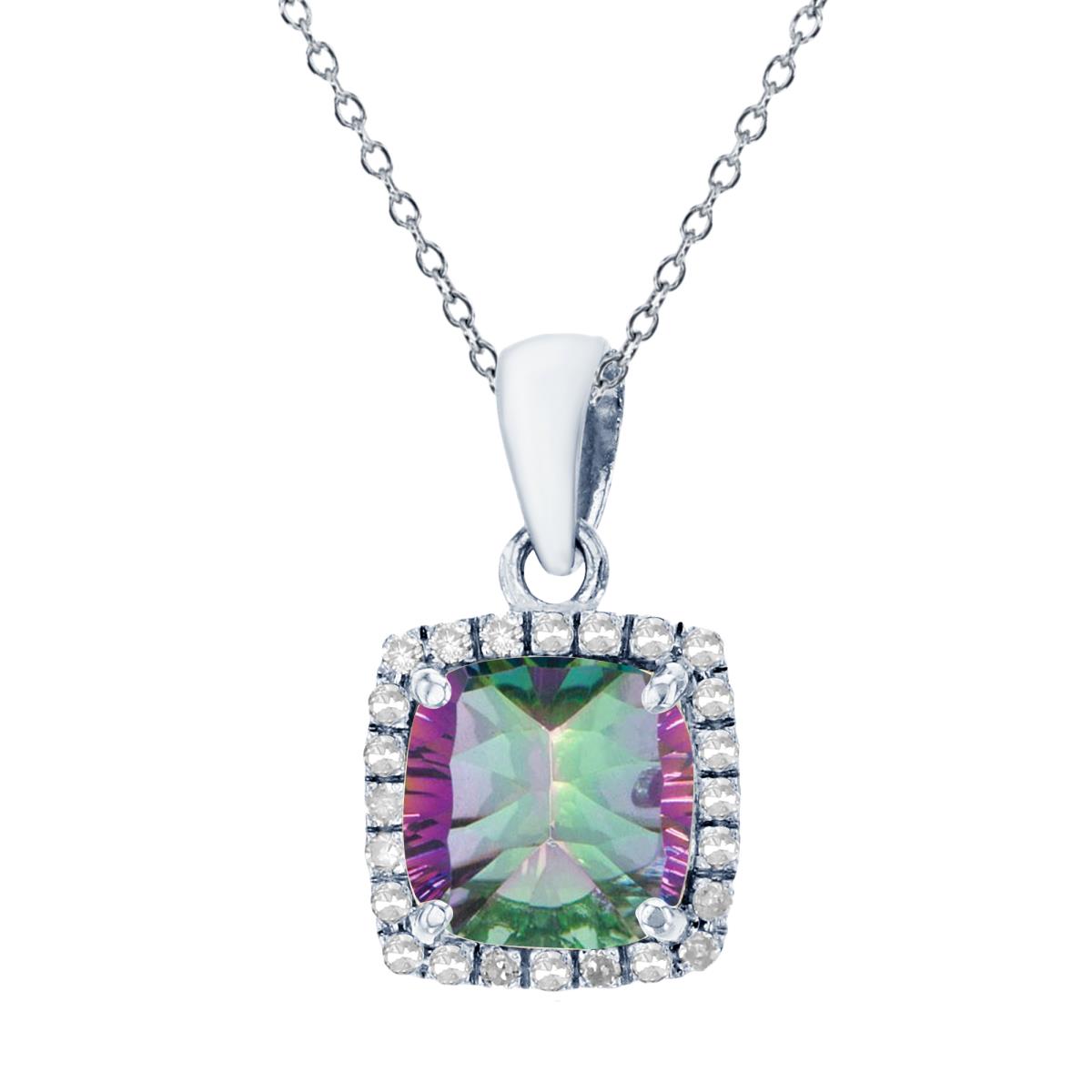 Sterling Silver Rhodium 7mm Cushion Mystic Green Topaz & Cr White Sapphire Halo 18" Necklace