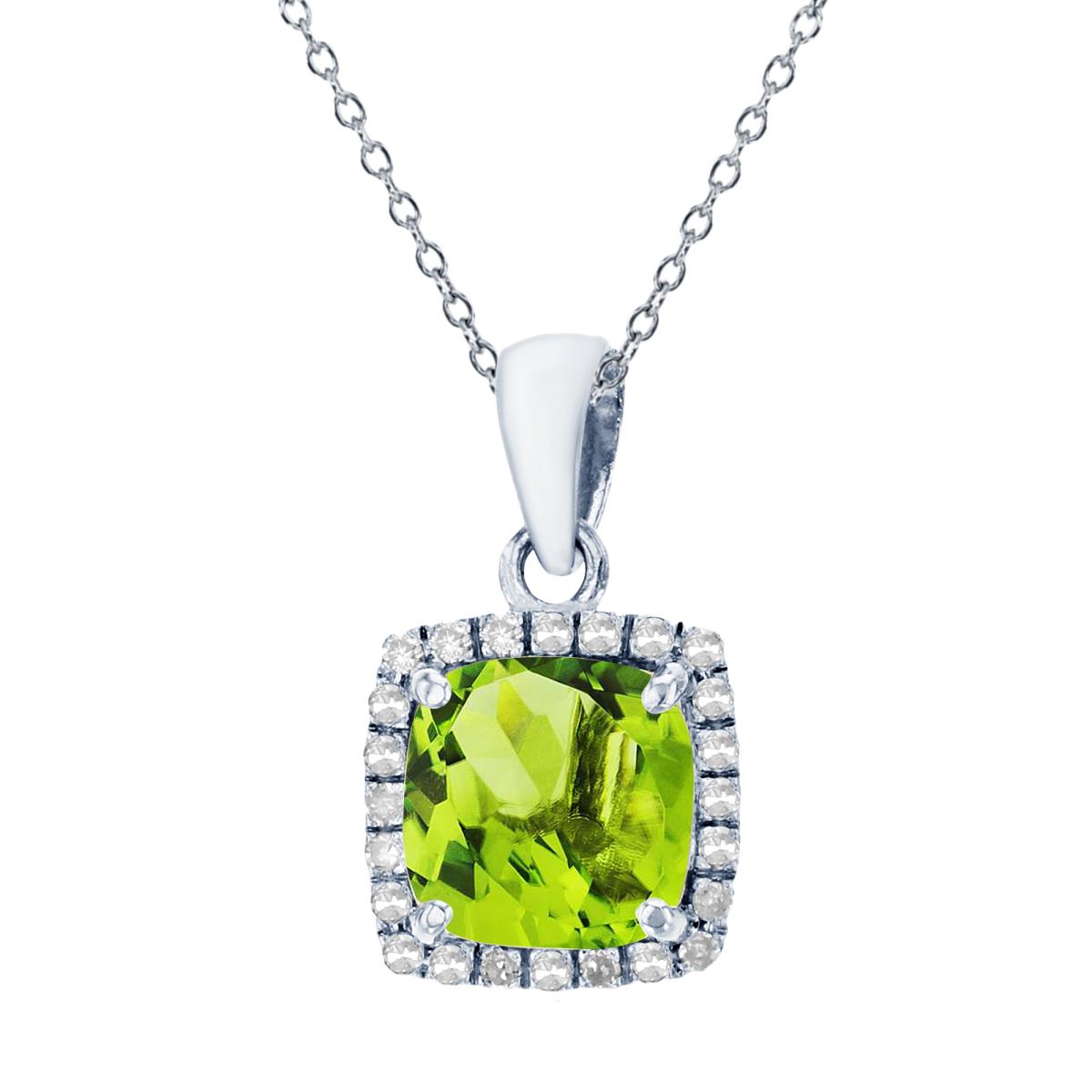 Sterling Silver Rhodium 7mm Cushion Peridot & Cr White Sapphire Halo 18" Necklace