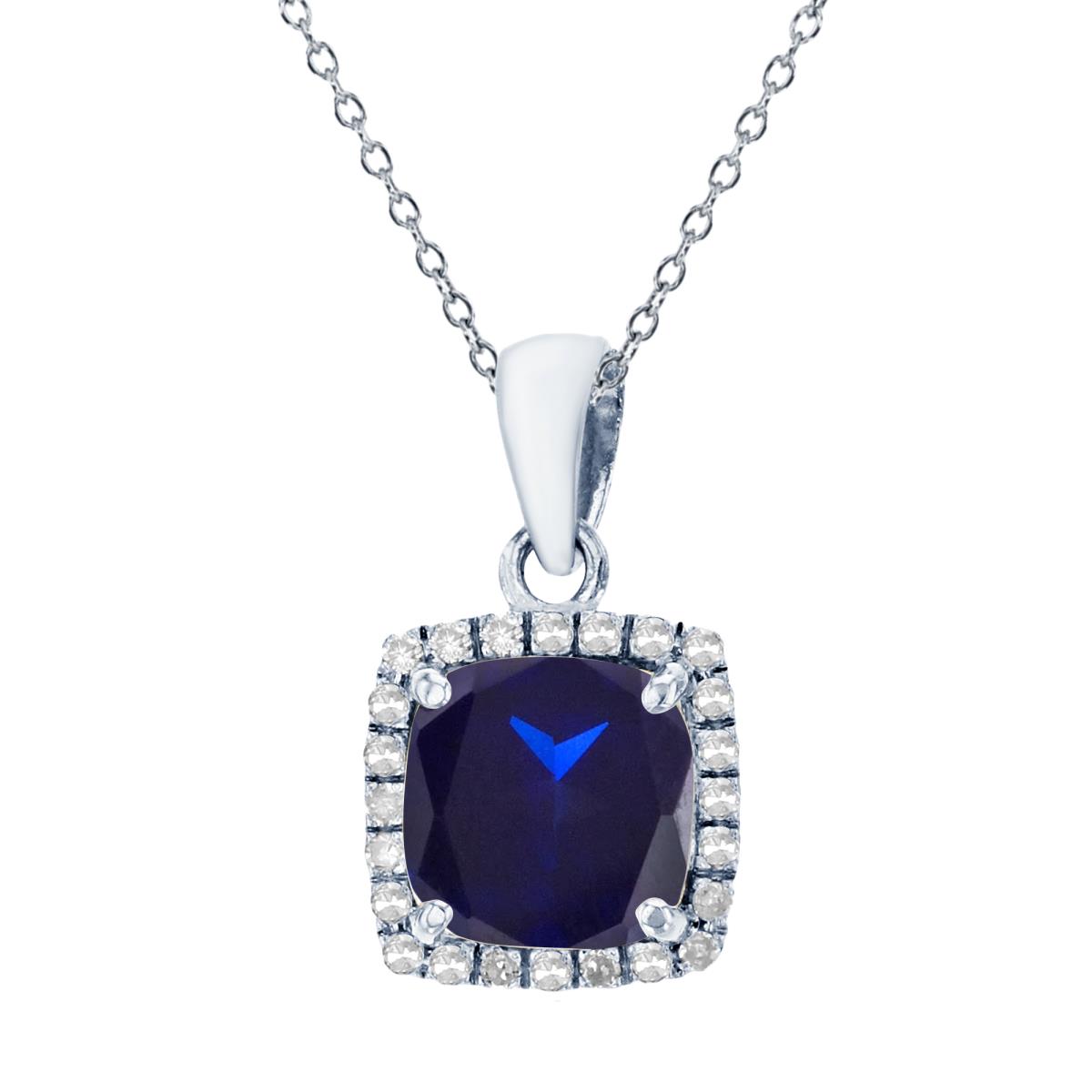 Sterling Silver Rhodium 7mm Cushion Cr Blue Sapphire & Cr White Sapphire Halo 18" Necklace