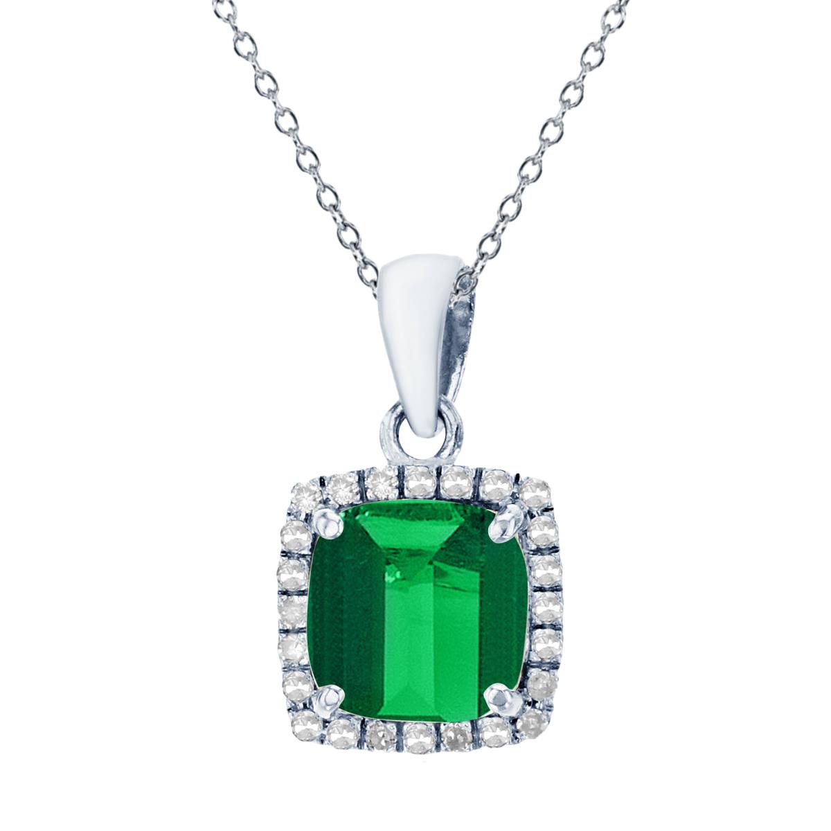 Sterling Silver Rhodium 7mm Cushion Cr Emerald & Cr White Sapphire Halo 18" Necklace