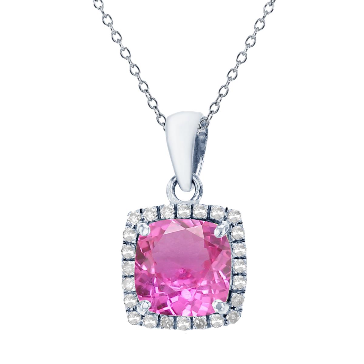 Sterling Silver Rhodium 7mm Cushion Cr Pink Sapphire & Cr White Sapphire Halo 18" Necklace