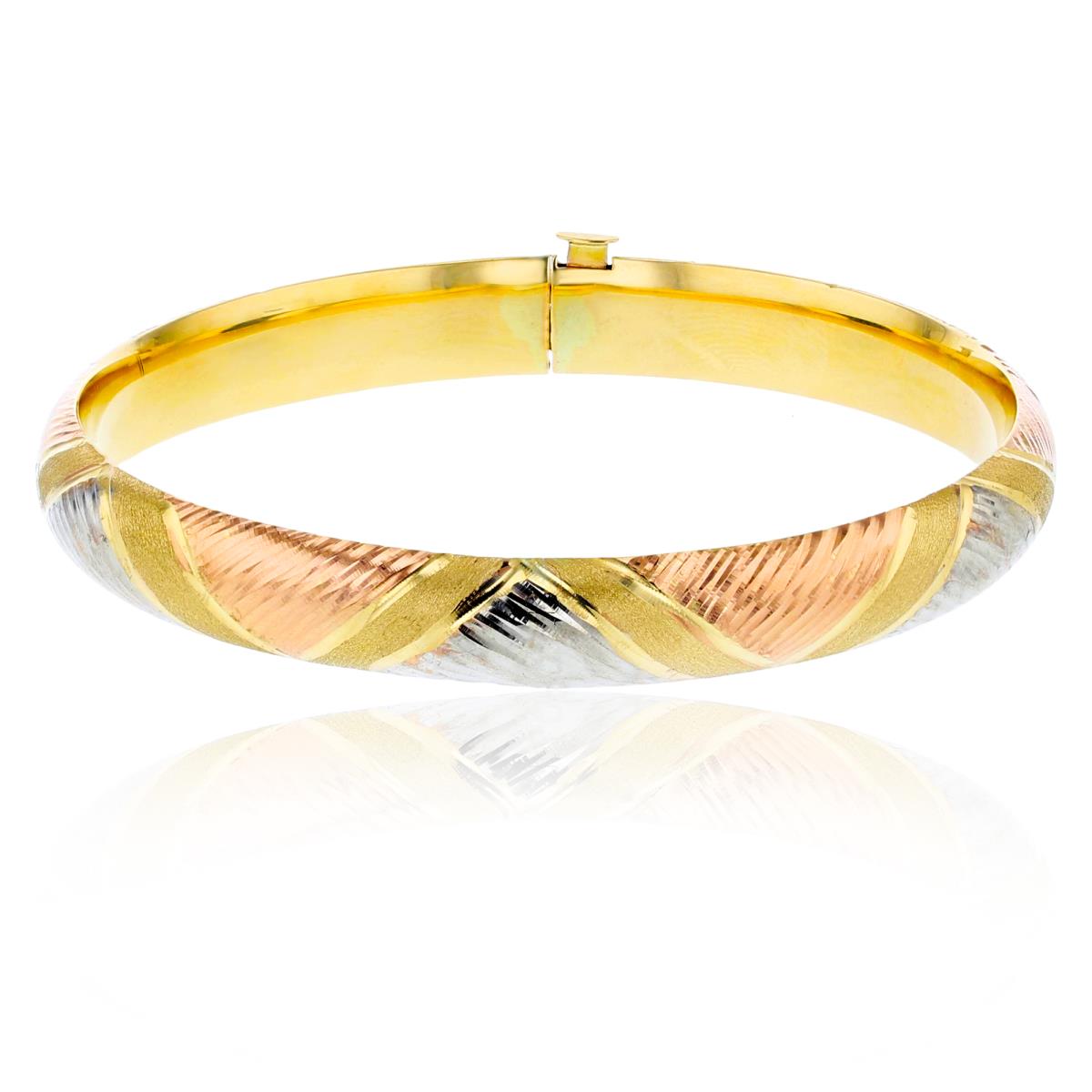 14K Tri-Color Gold 8mm Diamond Cut & Satin ZigZag Hinged Bangle