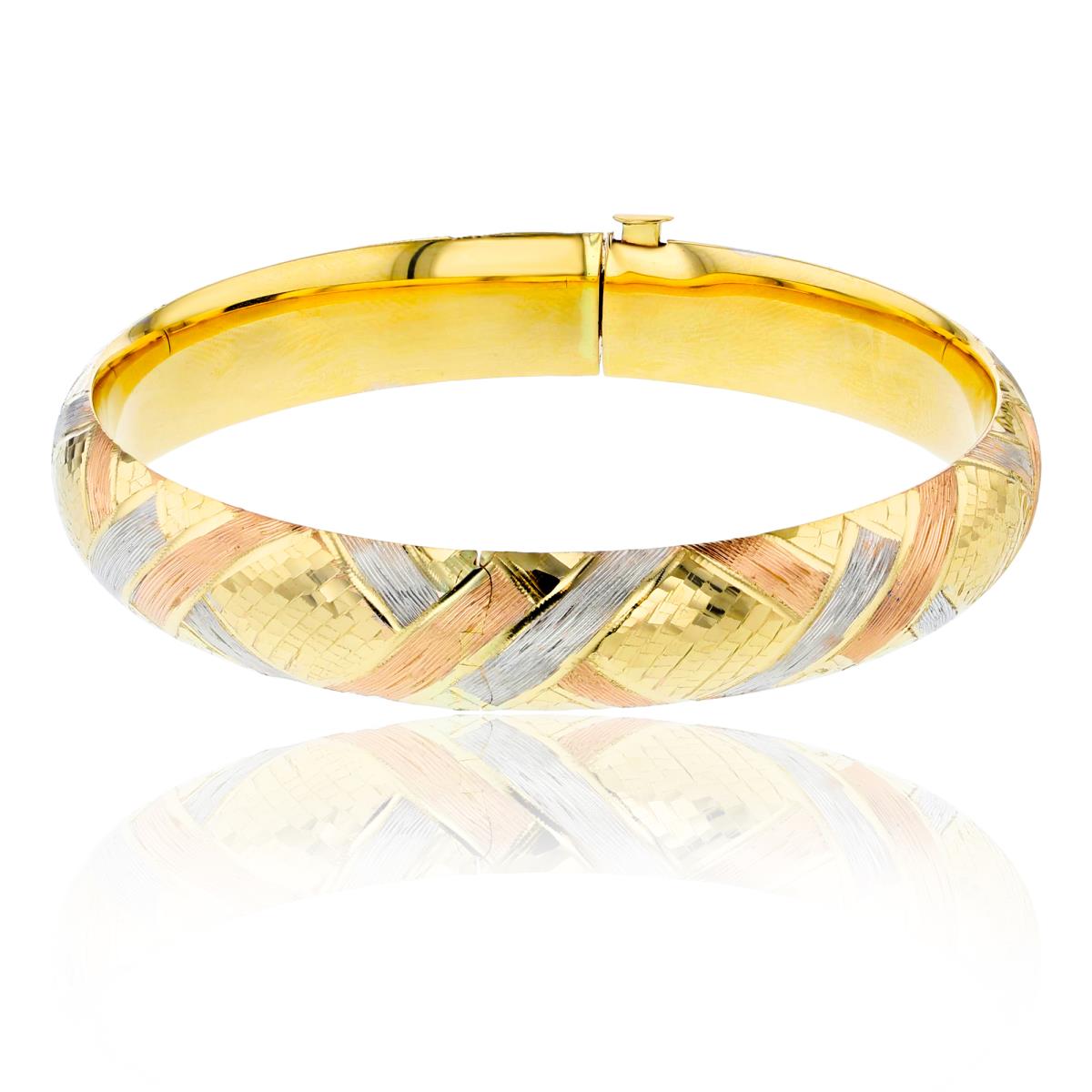 14K Tri-Color Gold 10mm Multi Diamond Cut Hinged Bangle