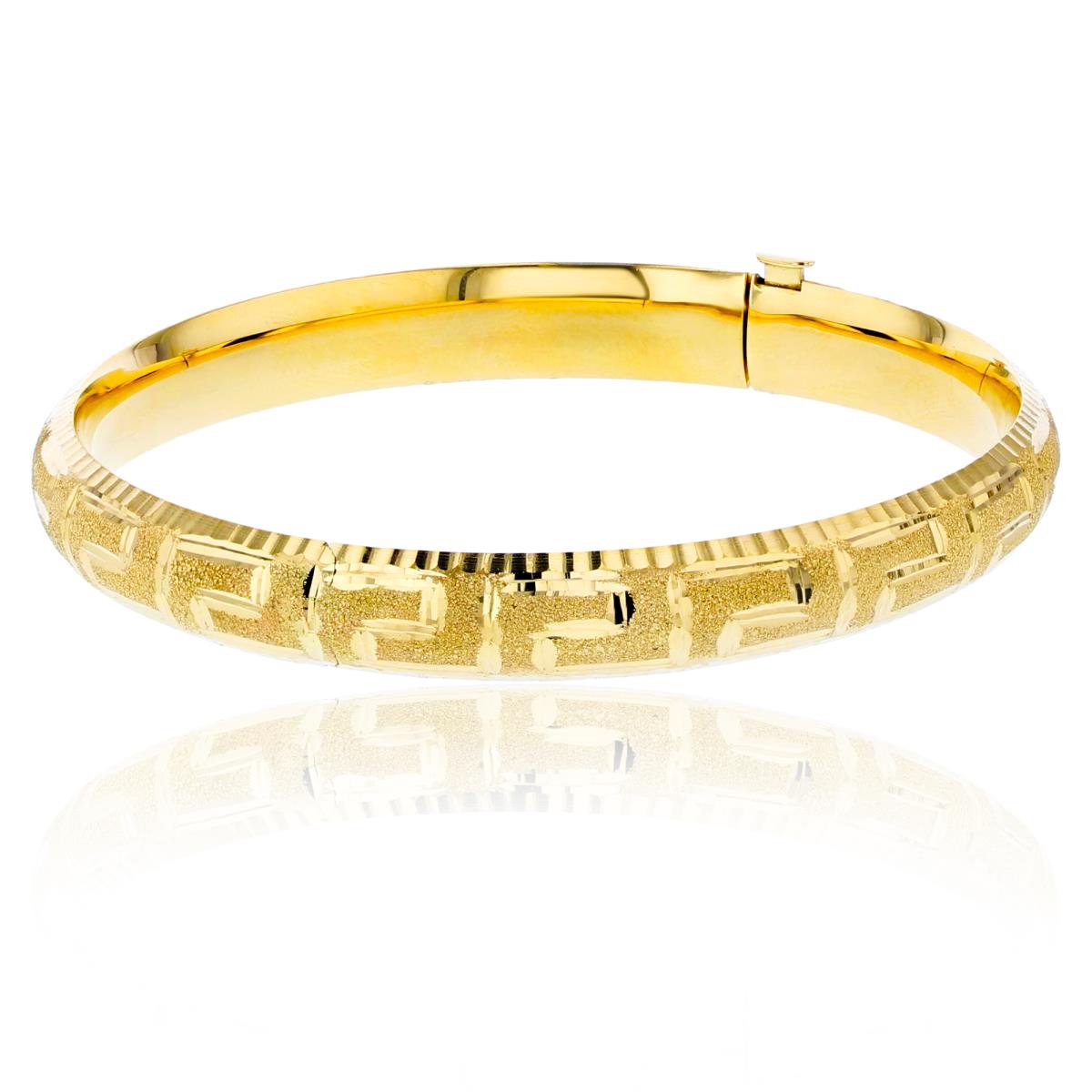 14K Yellow Gold 8mm Sand-Textured & DC Greek Key Hinged Bangle