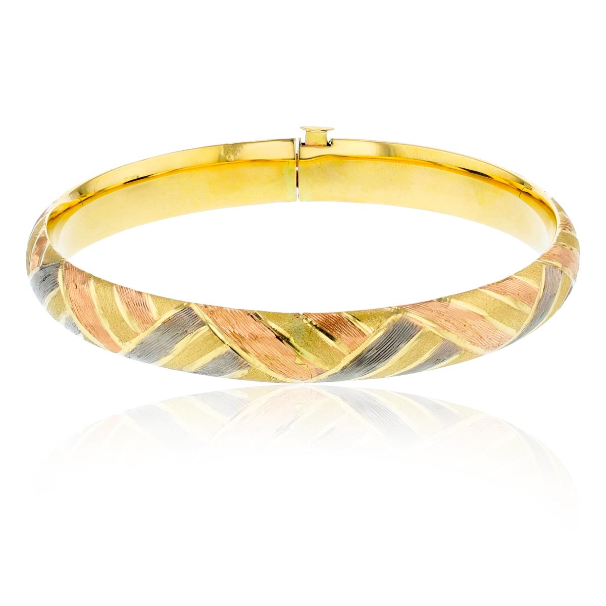 14K Tri-Color Gold 8mm Textured Braid Detail Hinged Bangle