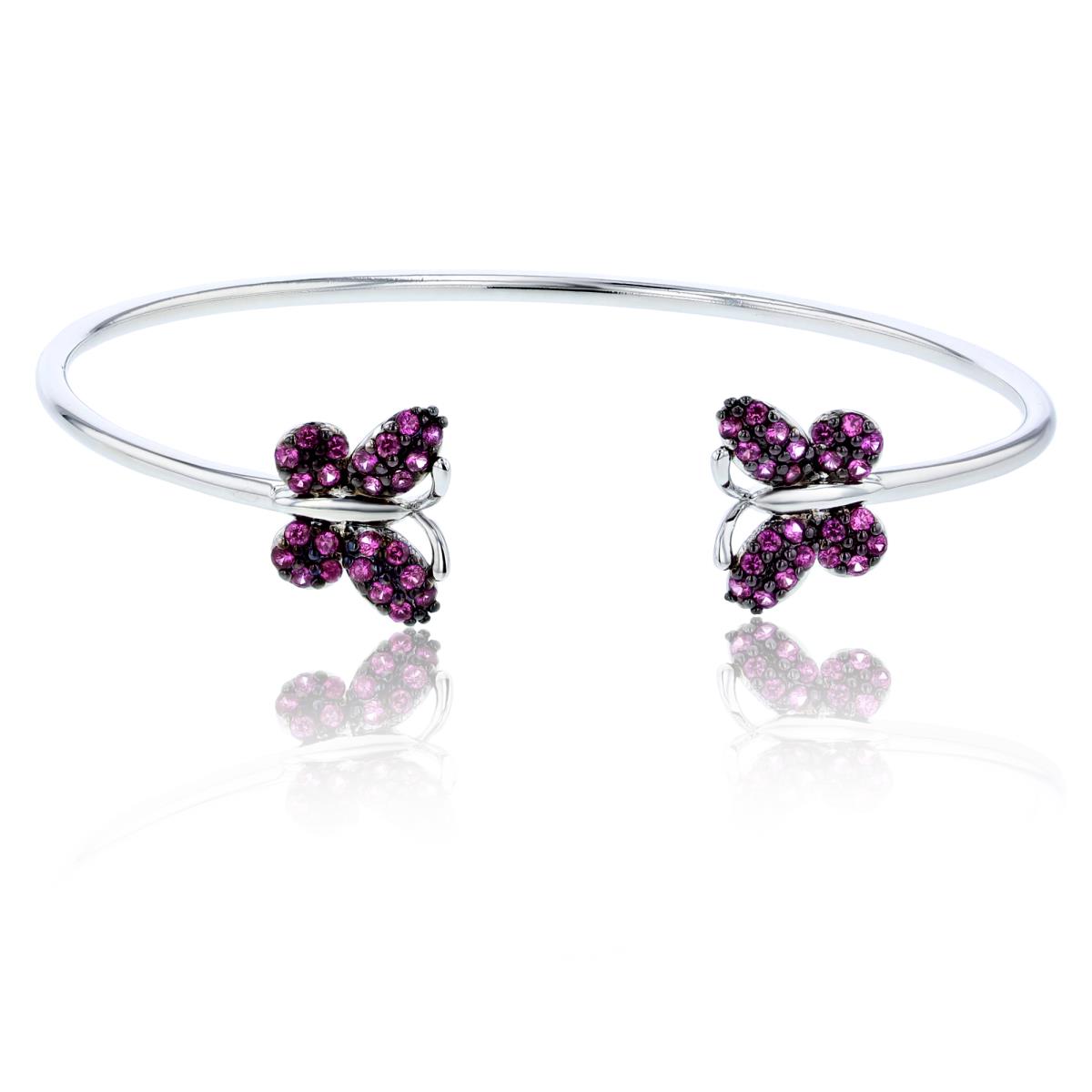 Sterling Silver Rhodium 1.5mm Rnd Crated Ruby Butterflies on Sides Open Bangle
