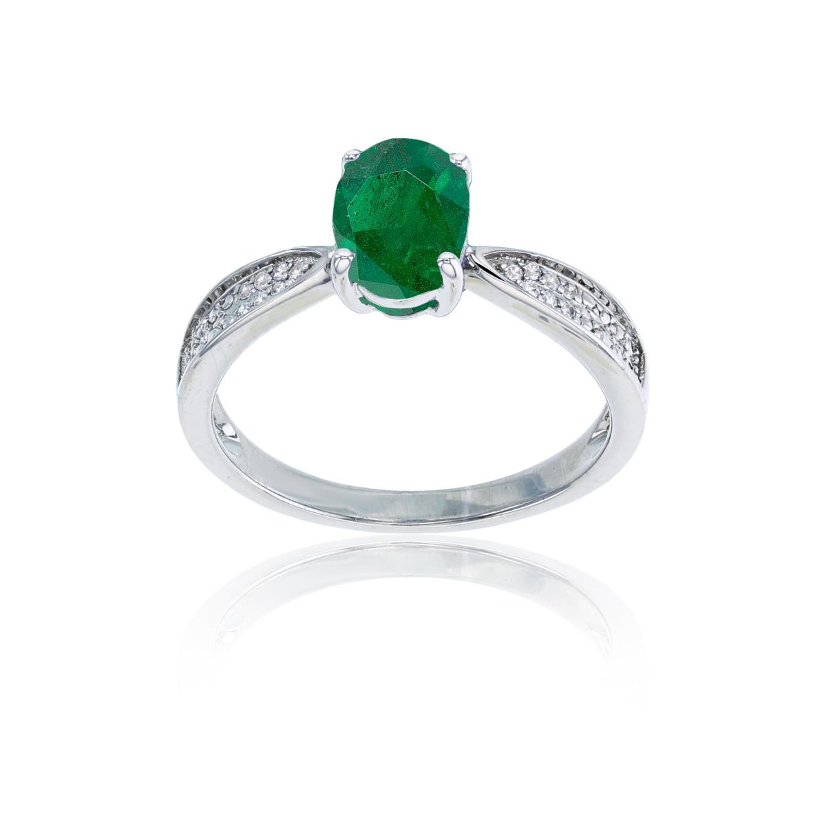 Sterling Silver Rhodium 0.05 CTTW Rnd Diamonds & 8x6mm Oval Emerald Center Ring