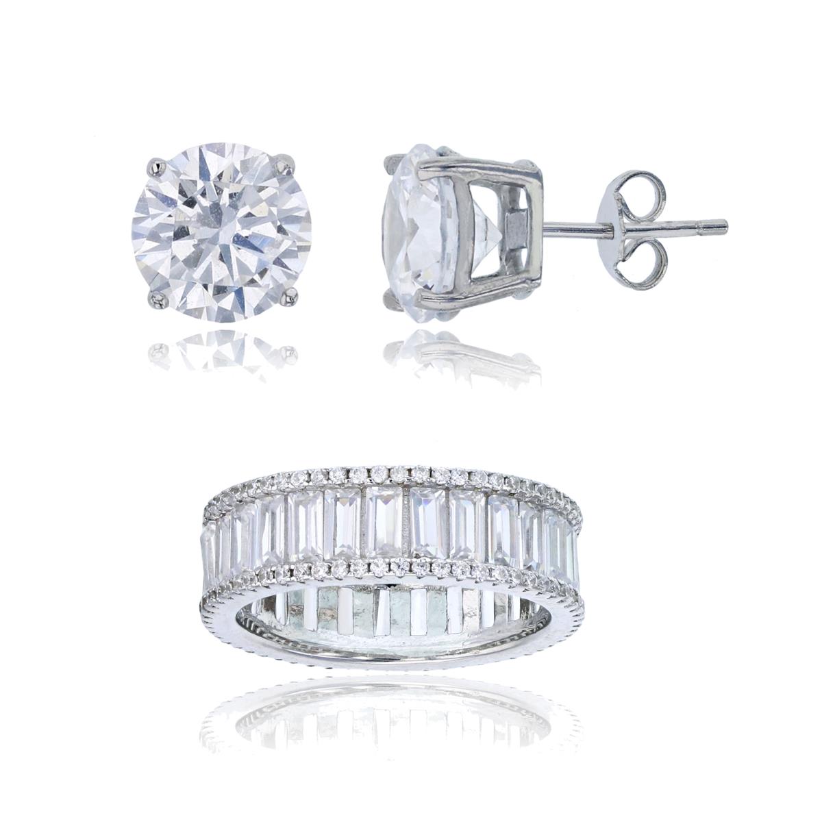 Sterling Silver Rhodium Rd Cut & Baguette CZ Eternity Ring & 8mm Rd Solitaire Stud Earring Set