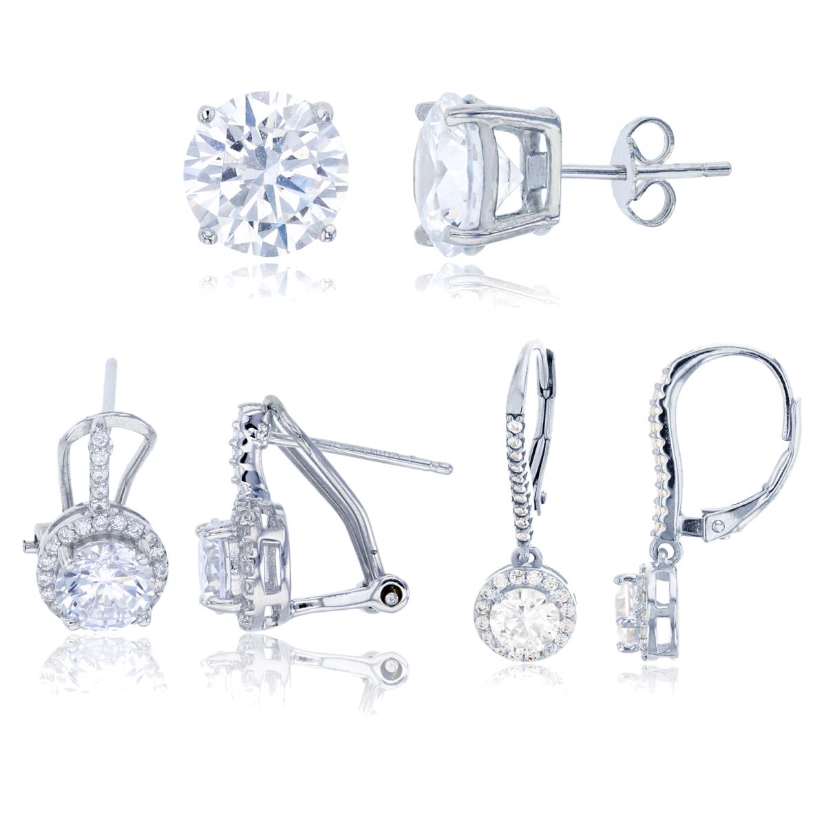 Sterling Silver Rhodium 5mm Rd CZ Halo Leverback, 6mm Rd Halo Omega-Back & 8mm Rd Solitaire Stud Earring Set