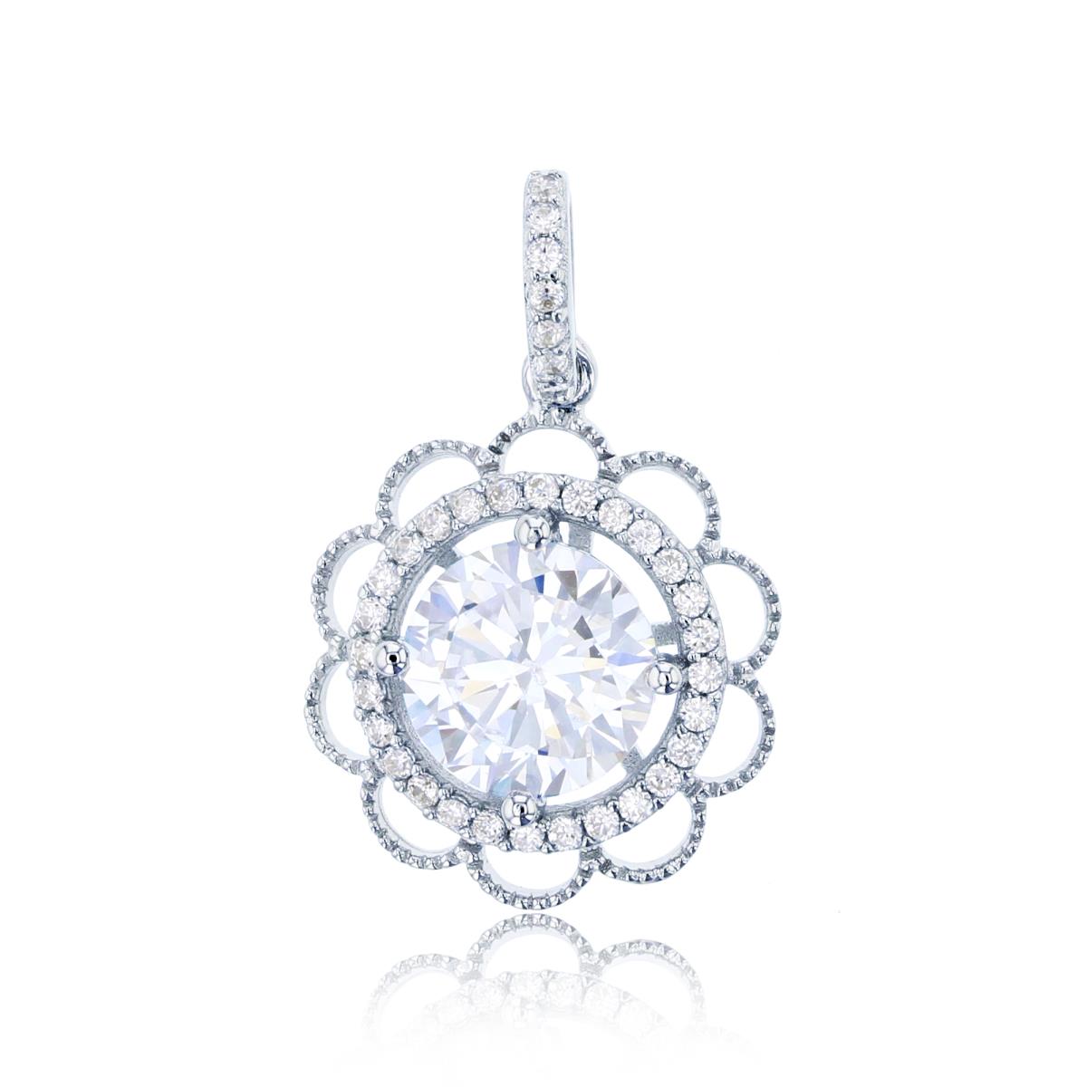 Sterling Silver Rhodium 8mm CZ Rnd Center Flower Milgrain Pendant