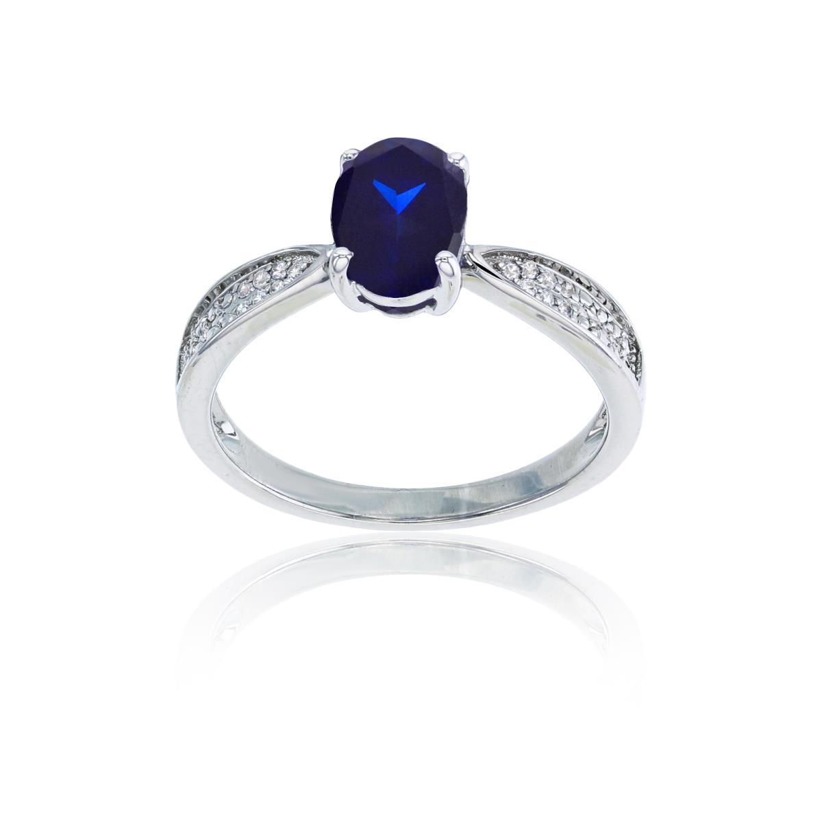 Sterling Silver Rhodium 0.05 CTTW Rnd Diamonds & 8x6mm Oval Created Blue Sapphire Center Ring