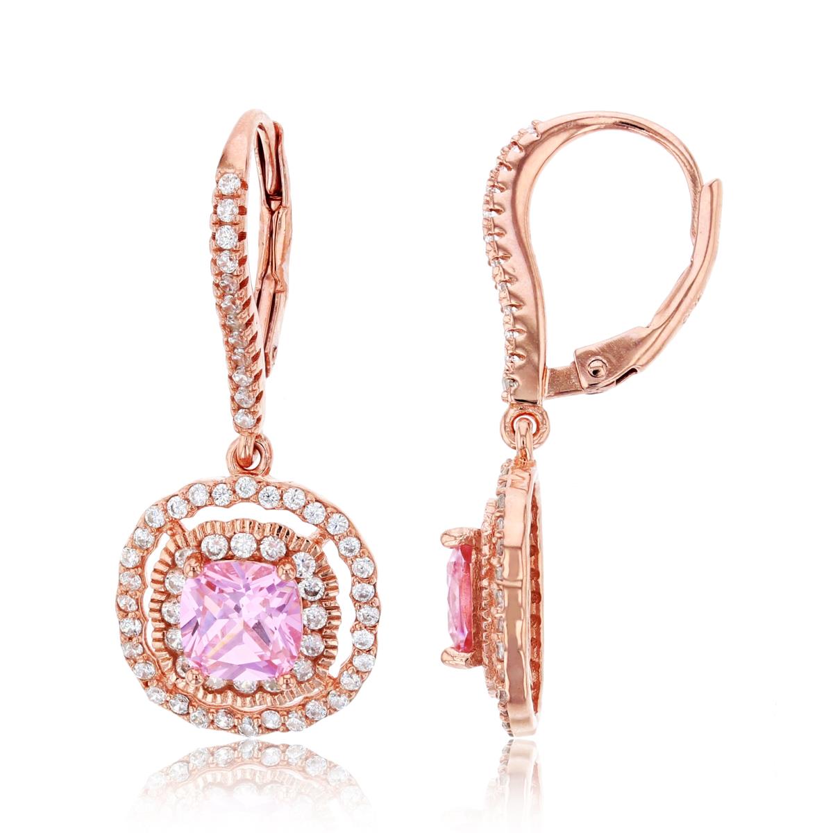 Sterling Silver Rose 1-Micron 6mm Cushion Pink/White Rnd CZ Milgraine Dbl Halo Lever Backs Earrings