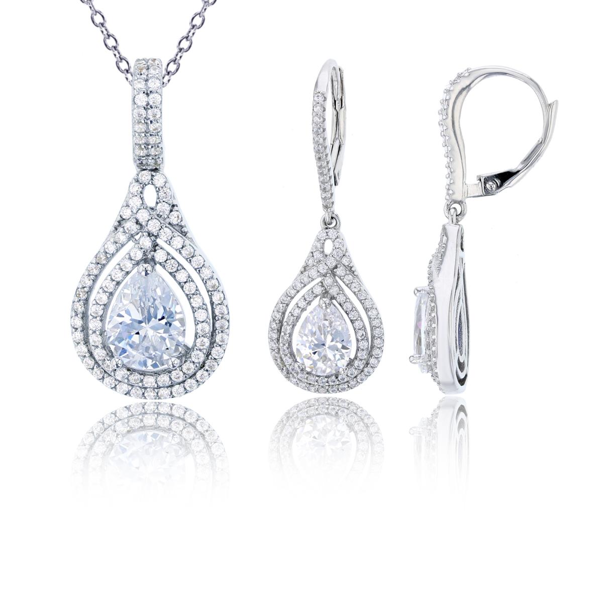 Sterling Silver Rhodium PS & Rnd White CZ Double Halo 18"+2" Necklace/ Earring Set
