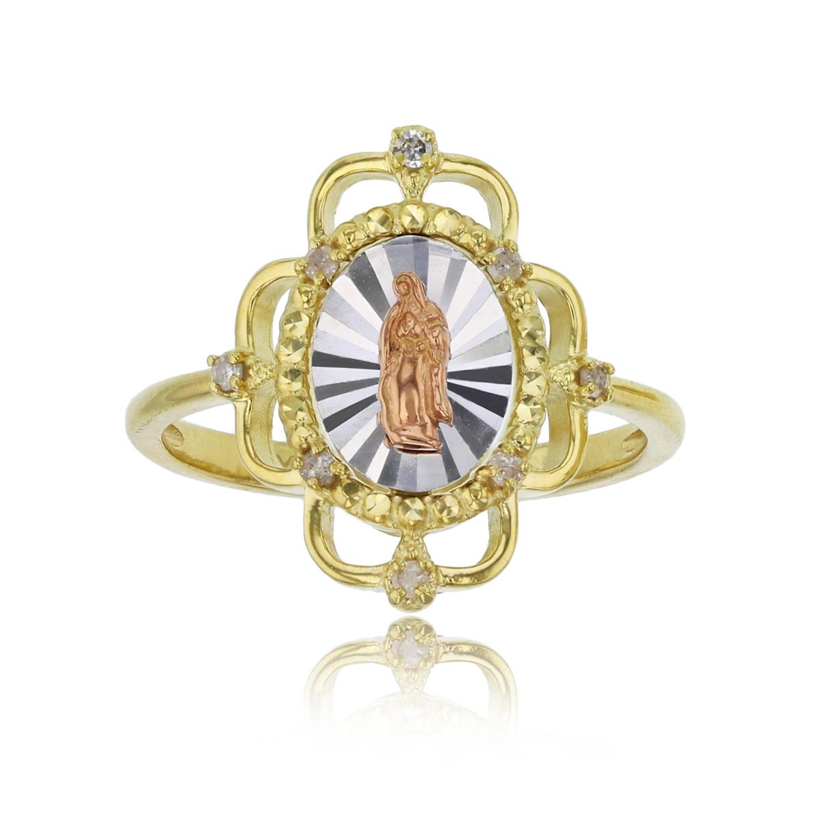 14K Tricolor Gold 1.30mm Rd CZ Diamond Accent DC Virgin Mary Religious Ring