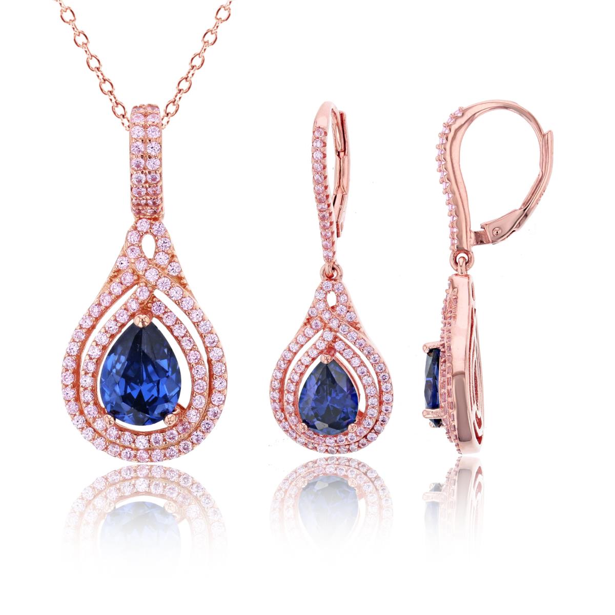 Sterling Silver Rose PS Tanzanite & Rnd Pink CZ Double Halo 18"+2" Necklace/ Earring Set