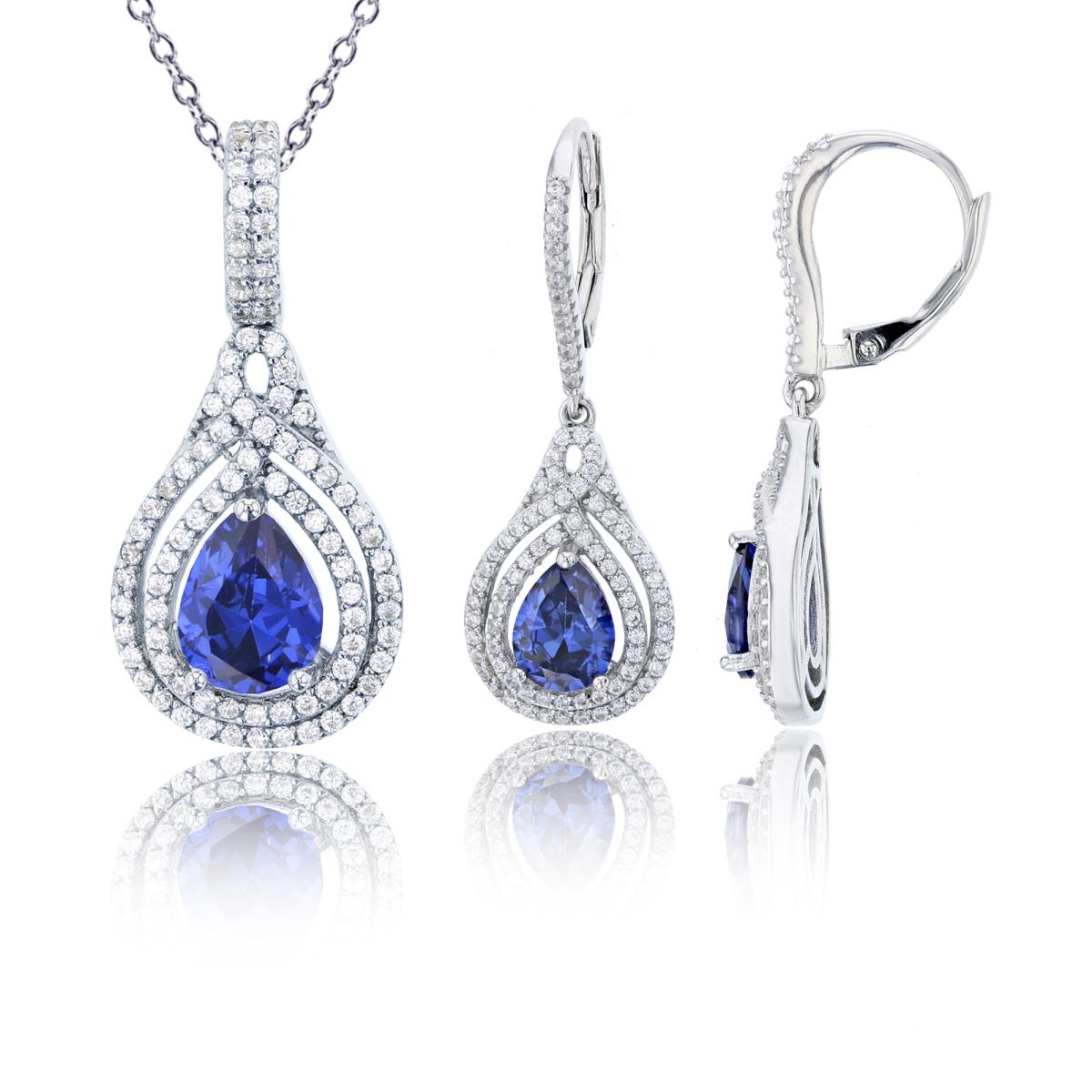 Sterling Silver Rhodium PS Tanzanite & Rnd White CZ Double Halo 18"+2" Necklace/ Earring Set