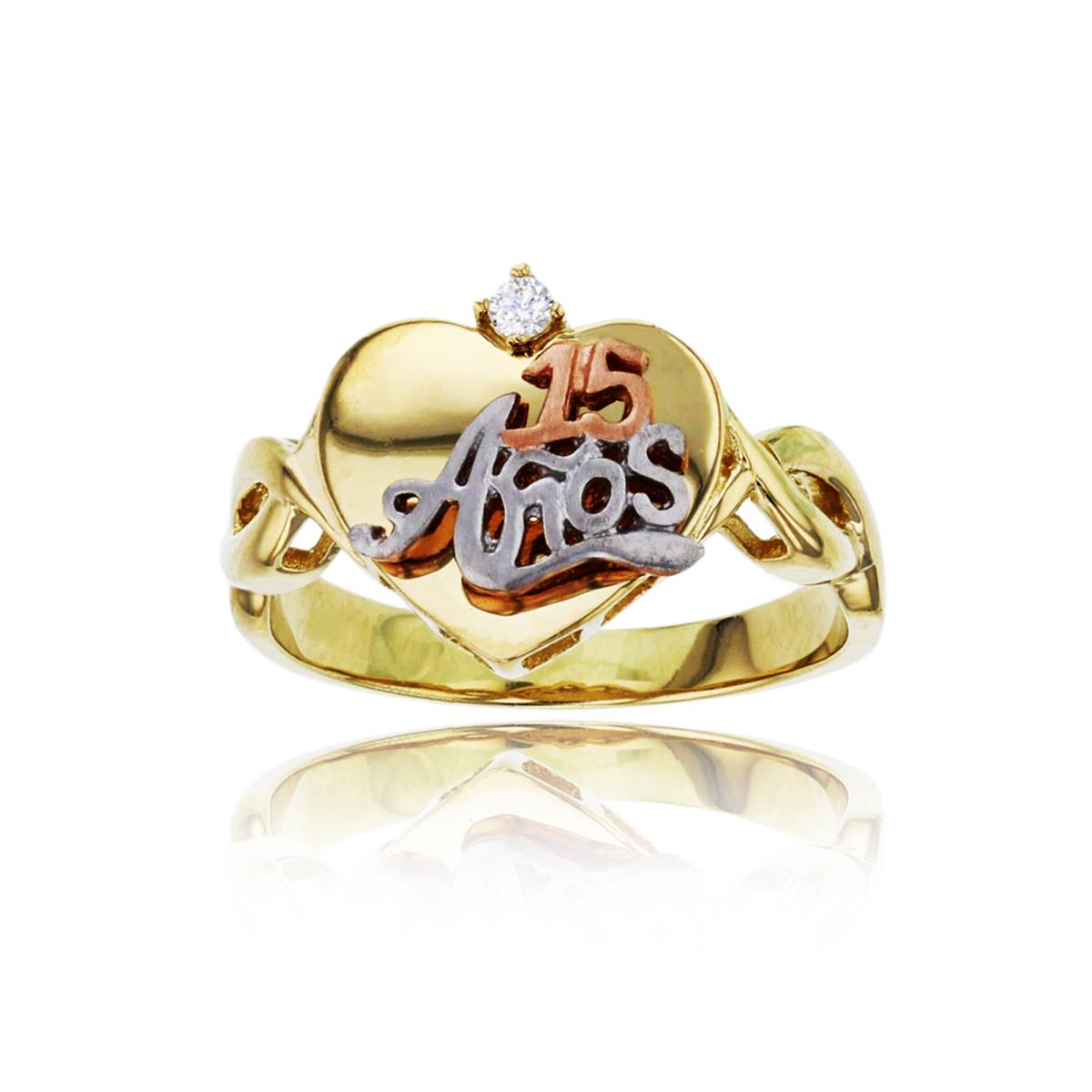 14K Tricolor Gold 0.02 CTTW Diamond Satin 15 Anos Quinceanera Heart Fashion Ring