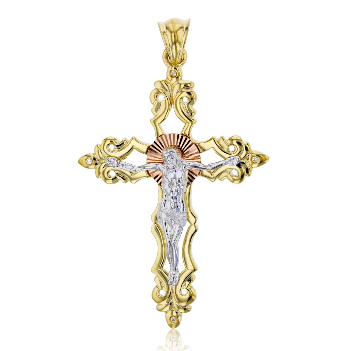 14K Tricolor Gold 0.028 CTTW Diamond 65x38MM Jesus Cross Pendant