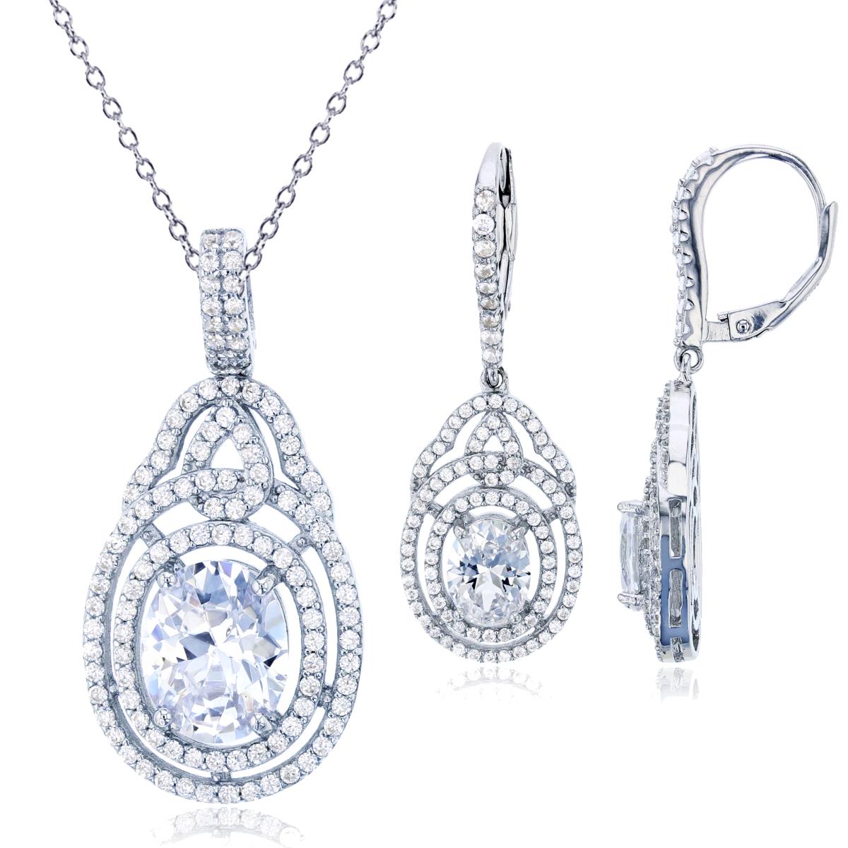 Sterling Silver Rhodium Ov/Rnd White CZ Double Halo Dangling 18"+2" Necklace/Earring Set