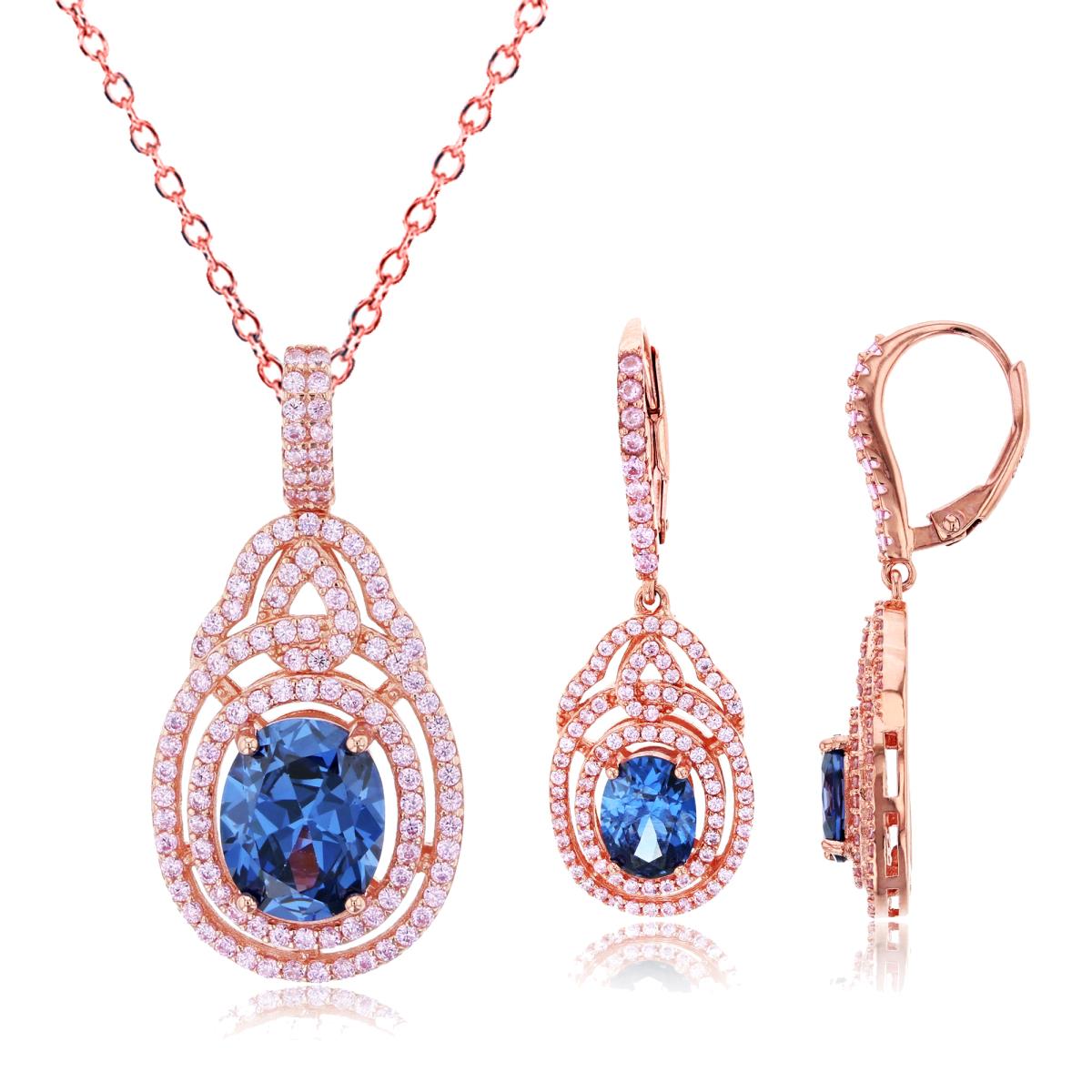 Sterling Silver Rose Ov Tanzanite /Rnd Pink CZ Double Halo Dangling 18"+2" Necklace/Earring Set