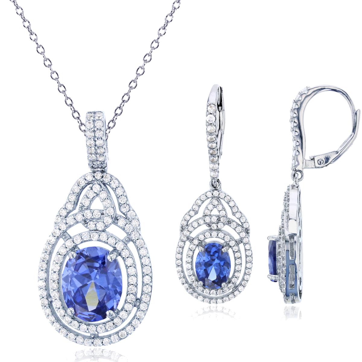 Sterling Silver Rhodium Ov Tanzanite/Rnd White CZ Double Halo Dangling 18"+2" Necklace/Earring Set