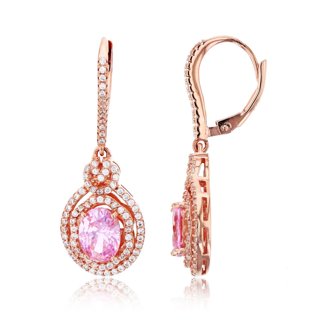 Sterling Silver Rose Ov Pink /Rnd White CZ Double Halo Dangling Earring