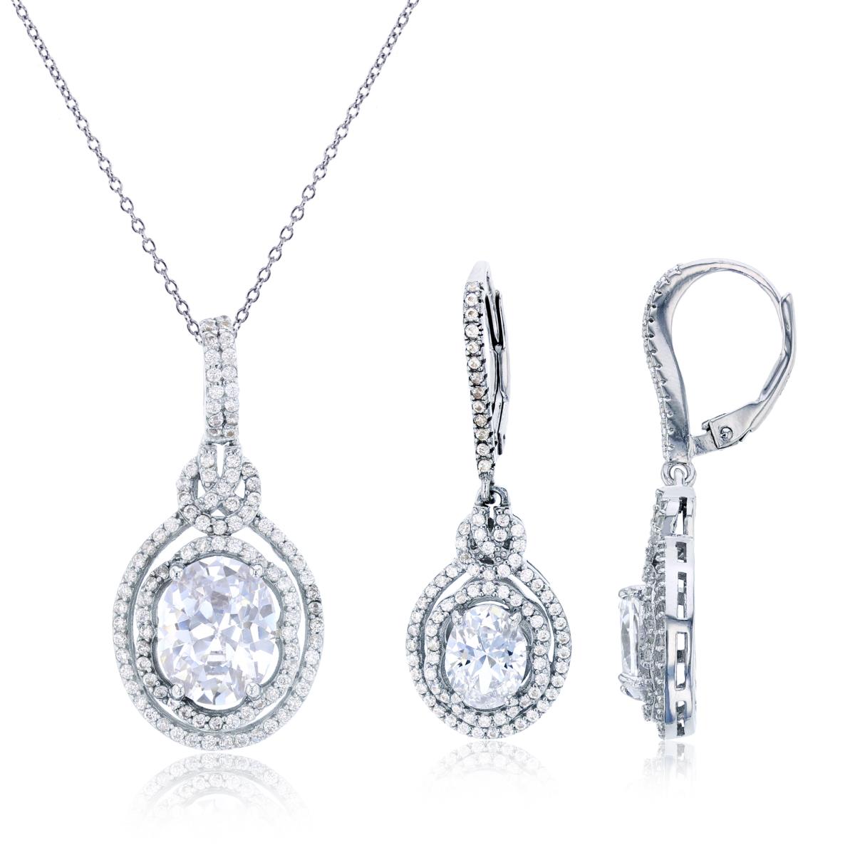 Sterling Silver Rhodium Ov/Rnd White CZ Double Halo Dangling 18"+2" Necklace/Earrings Set