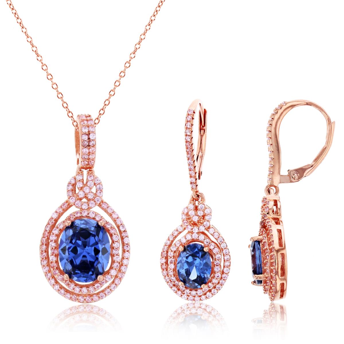 Sterling Silver Rose Ov Tanzanite/Rnd Pink CZ Double Halo Dangling 18"+2" Necklace/Earrings Set
