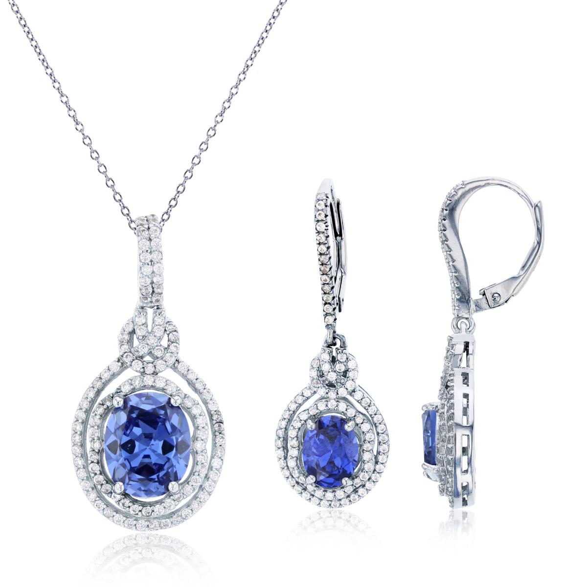 Sterling Silver Rhodium Ov Tanzanite/Rnd White CZ Double Halo Dangling 18"+2" Necklace/Earrings Set