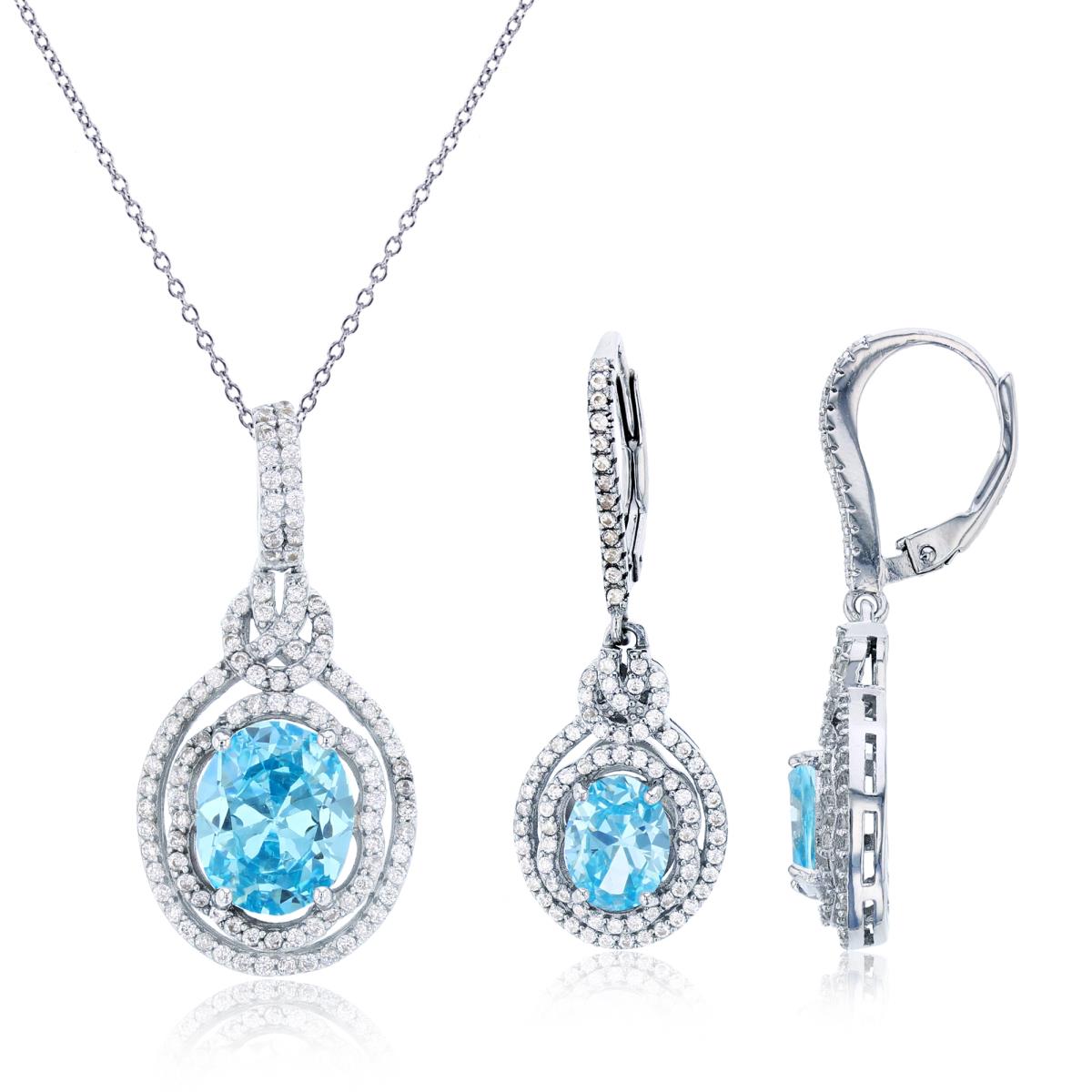 Sterling Silver Rhodium Ov Blue/Rnd White CZ Double Halo Dangling 18"+2" Necklace/Earrings Set